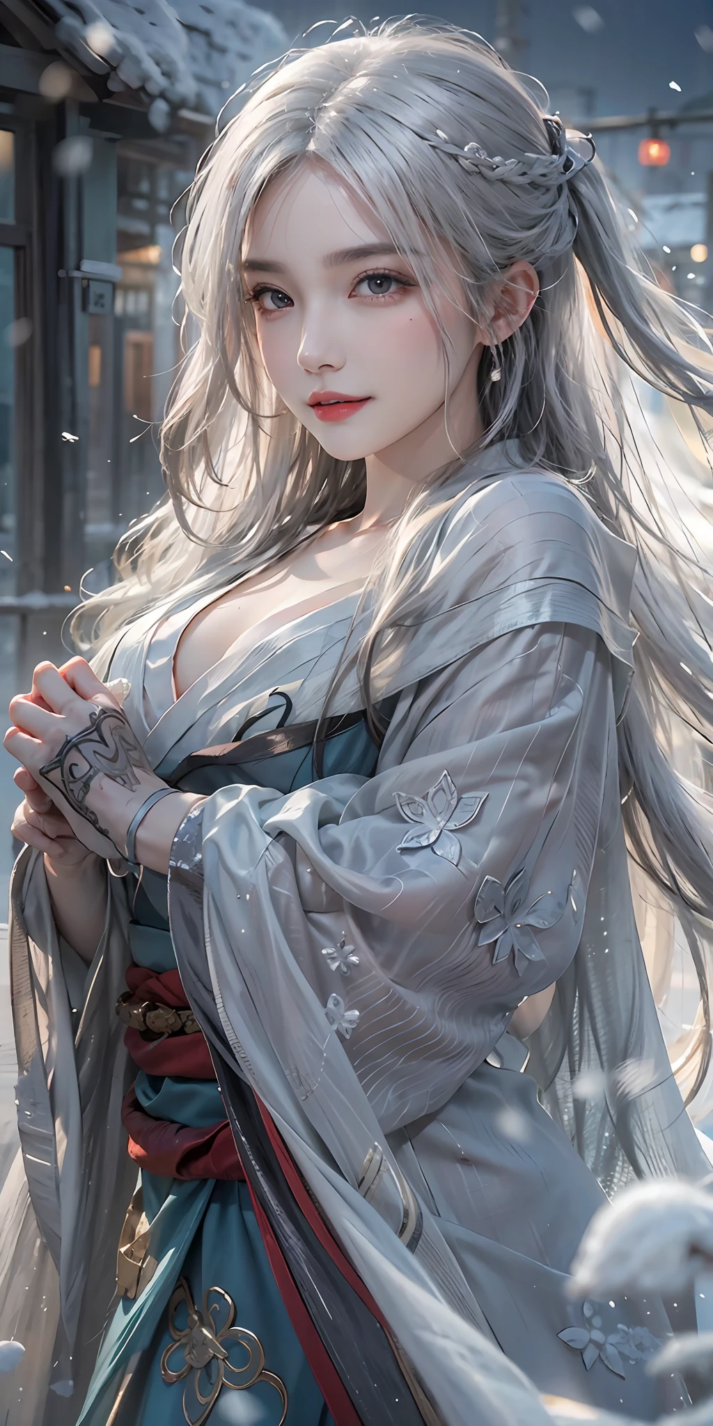 super high quality, masterpiece, Perfect illustration, Extremely detailed (Exquisite light and shadow, A very dramatic picture,Backlight) , ((Gray Hair:1.5))1 girl, alone, (Wearing Han clothes, Black and white Hanfu,monotone,Long sleeves) Flower Field, Flowers, (White smoke:1.3) (Realistic:1.4), Zen Intertwining, Tangled, Official Art, unity 8k wallpaper, Very detailed, Beautiful and beautiful, masterpiece, highest quality, (Dynamic Angle: 1.4), Glowing Skin, (Floating colorful flashes: 1) The most beautiful chaotic shapes, elegant, brutalism design, Bright colors, Romantic Depth of Field Exotic_dance, half_naked、Exposing shoulders、Ample breasts、Great cleavage、（han style、jin style）
