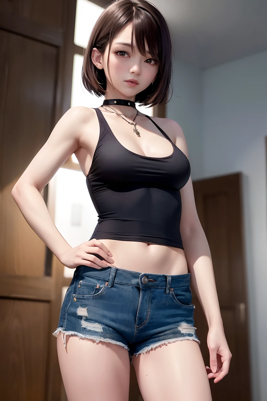 ((medium breast, tomboy girls, small head)), daylight, sunlight, (chiseled abs : 1.1), (perfect body : 1.1), (short wavy hair : 1.2) , auburn hair, collar, chain, full body shot, crowded street, wearing black tanktop, jeans jacket, ((shorts)), (extremely detailed CG 8k wallpaper), (an extremely delicate and beautiful), (masterpiece), (best quality:1.0), (ultra highres:1.0),  beautiful lighting ,perfect lightning, realistic shadows, [highres], detailed skin, ultra-detailed