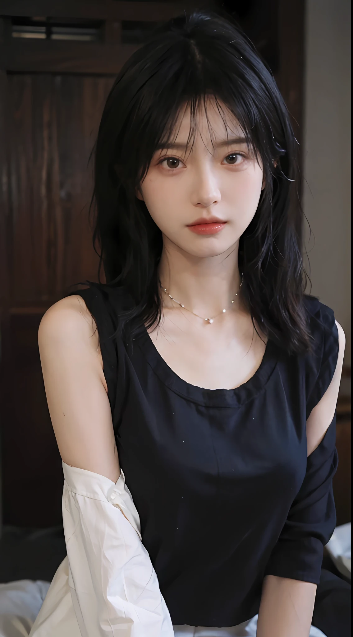 best qualtiy, 超高分辨率, (realisticlying:1.4),cute hairpin,1girll,,Cropped black sweater ,A pair of peach blossom eyes,Full of atmosphere,Beautiful woman with a slim figure:1.4, Abs:1.1, 浴室,Ultra-fine face,Elaborate Eyes,二重まぶた,choker necklace
