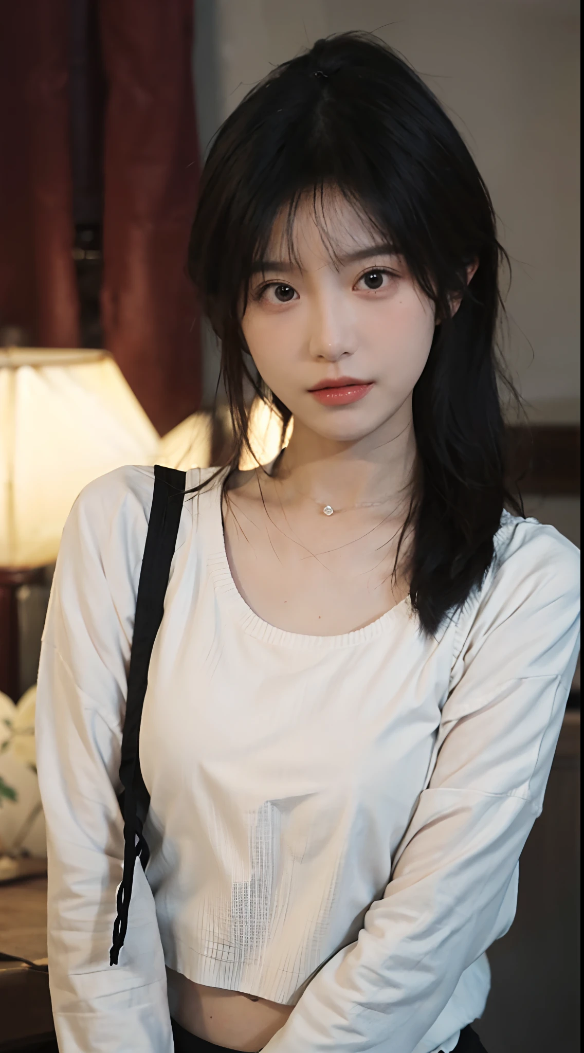 best qualtiy, 超高分辨率, (realisticlying:1.4),cute hairpin,1girll,,Cropped black sweater ,A pair of peach blossom eyes,Full of atmosphere,Beautiful woman with a slim figure:1.4, Abs:1.1, 浴室,Ultra-fine face,Elaborate Eyes,二重まぶた,choker necklace