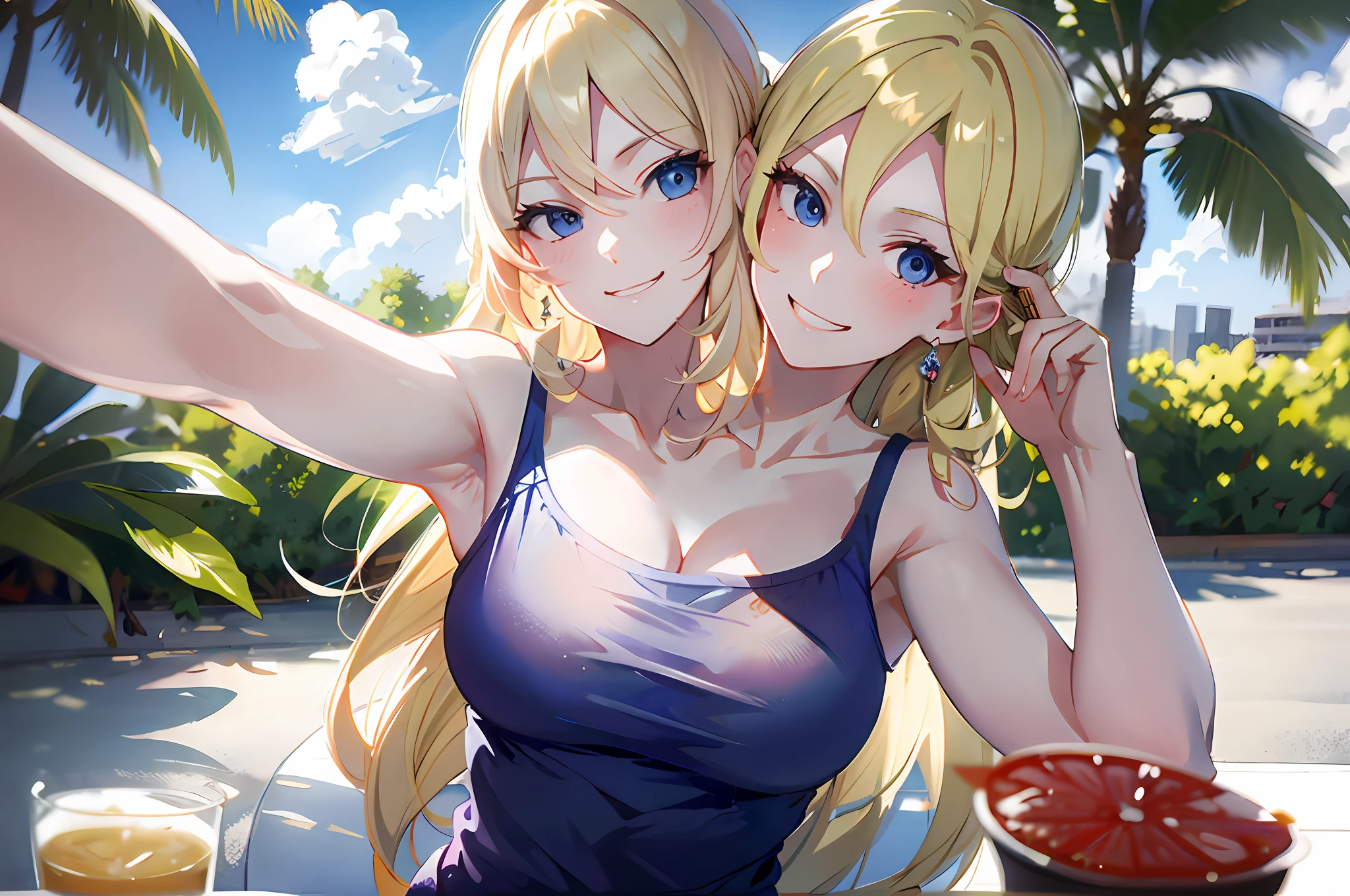 Realistic, 3 beautiful Japanese gals, Selfie, Face Enhancement, Face Zoom, Big smile, Long blonde hair, Wavy Hair, Dark Skin, Beach, bikini, Looking up from below