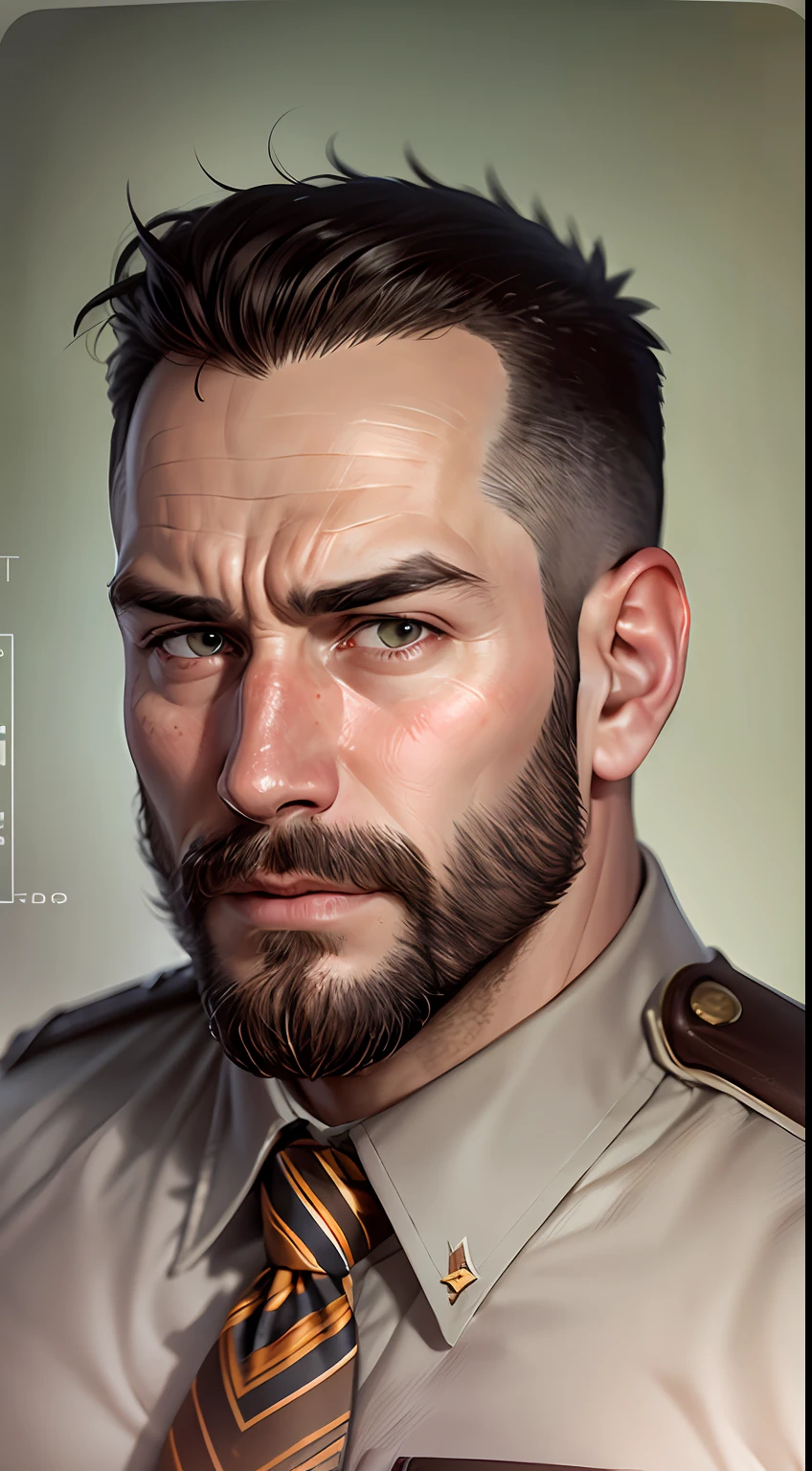 Company executives，mtu，36 years old，buzz cut, There is a beard，good body，large pecs，White shirt，Dark brown uniform，annoyed, In the office，cowboy shot，first-person view