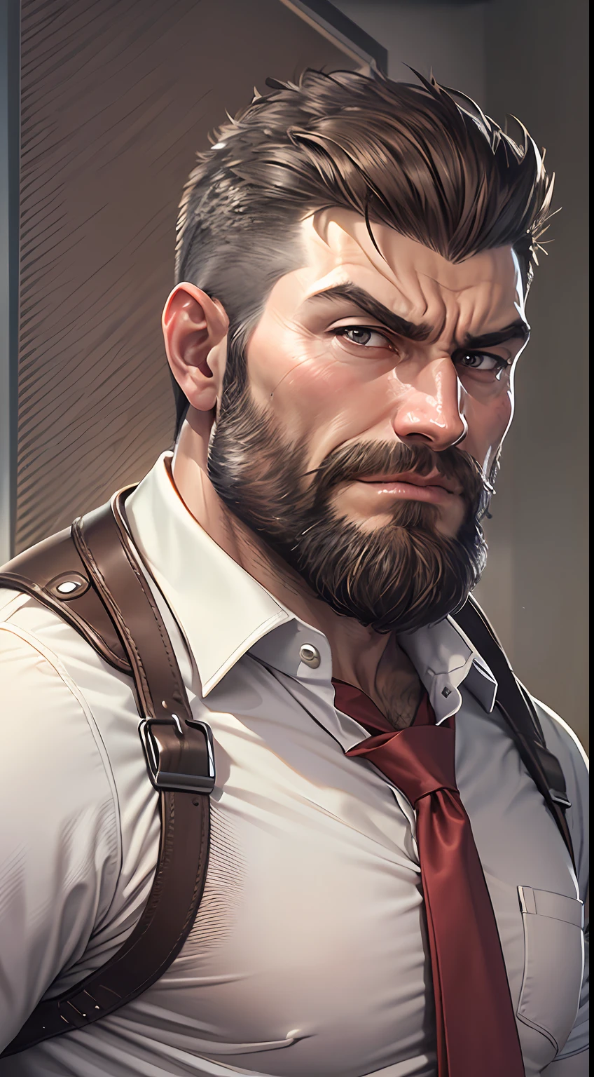 Company executives，mtu，36 years old，buzz cut, There is a beard，good body，large pecs，White shirt，Dark brown uniform，annoyed, In the office，cowboy shot，first-person view