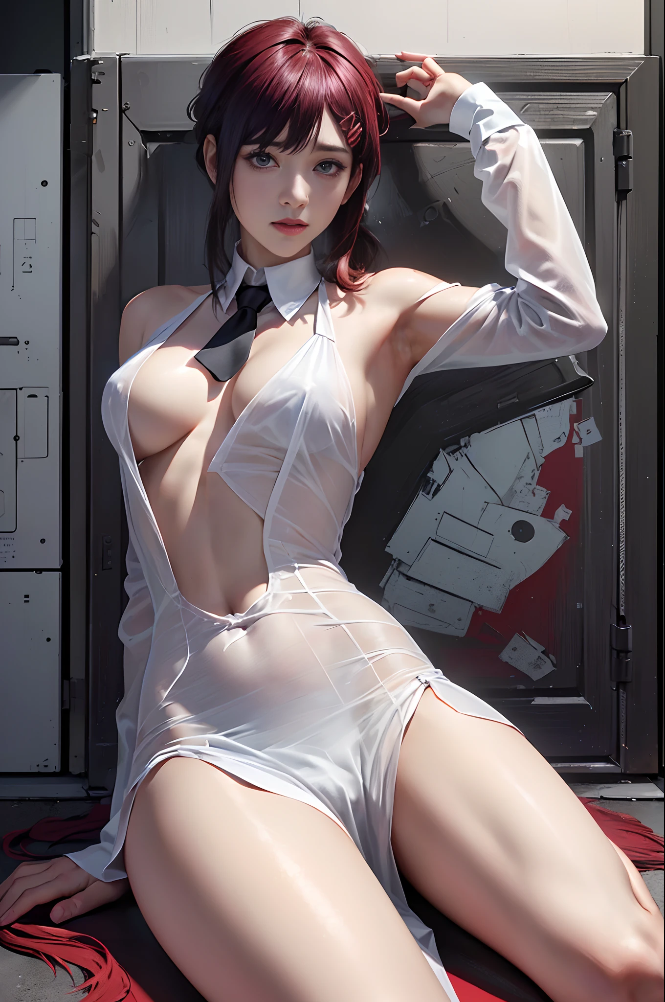 tmasterpiece,best qualtiy,ultra - detailed,illustratio,epic lighting,cinematic compositions,isometry,full bodyesbian,tmasterpiece,Best quality at best,offcial art,Very detailed CG 8k wallpaper,(flying petal)(Detailed ice),Crystal texture of the skin,Grim expression,(fox ear),whaite hair,long whitr hair,messy hair,eBlue eyes,Medium breasts,looking at viewert,Hands are truly optimized,The foot is truly and reasonably optimized,very fine and beautiful,A high resolution,Underwear lace(transparent pubic hair,Silky),Navel-baring,Sling pajamas black silk(transparent pubic hair,Silky),Strangle leg rings,close-up on legs,Unilateral ponytail with white hair,Flushed face,Lie down,Background bed,water stain(Close up of transparent water stains),lots of resolution,Close-up of the hand,The lines are clear and realistic,photograph realistic,best qualtiy,tmasterpiece,Extremely refined and beautiful,extremely detaile,CG 8K,Amazing Cleavage,finely detailled,tmasterpiece,Best quality at best,Extremely detailed CG unified 8K wallpaper rhythm play,adolable,with brown eye,White colored hair,sweeping bangs,single hair,red hair clips,blouse with a white collar,black necktie,Black pantsuit,formal,a captivating gaze,captivating posture,inside in room,office room,doors,Open the door,looking at viewert,peeking out upper body,Be red in the face,seduct smile,Shut your mouth,(8k:1.1),
