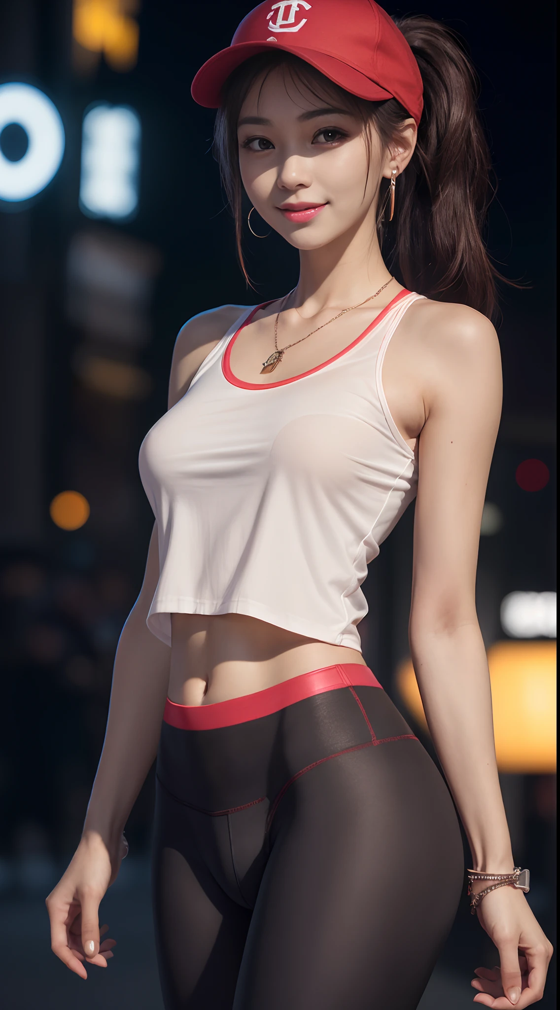 8k, masterpiece, RAW photo, best quality, photorealistic, extremely detailed CG unity 8k wallpaper, Depth of field, Cinematic Light, Lens Flare, Ray tracing, (extremely beautiful face, beautiful lips, beautiful eyes), intricate detail face, ((ultra detailed skin)) 1girl, in the dark, deep shadow, pretty korean girl, kpop idol,(very slim slender fit-muscled body), ((looking at viewer)),(big smile), (fashion city night, (neon sign), (blurry background), midnight, (vacant city), (without people in the background), pretty korean girl, white diamond earrings, dia bracelets, dia necklace, clear eyes, walking , front shot, (pale skin), face forward, (big eyes), ((upper body shot)), (small size, baseball cap), ((red color leggings)), (camel toe, shape), ((T-shirt)), (ponytail) (looking at viewer), medium breasts,((smile)), ((camel toe))