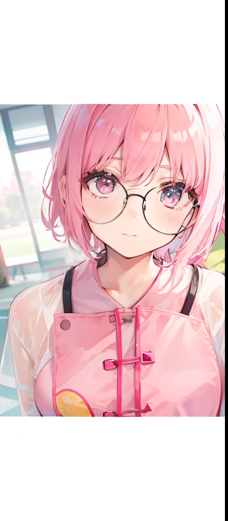 Short pink hair with a sense of transparency，Wear a pink collar，"Contemporary Chinese school uniforms" With pink edges，Like a very light sweet girl，As shown in the image "School uniforms in contemporary China."