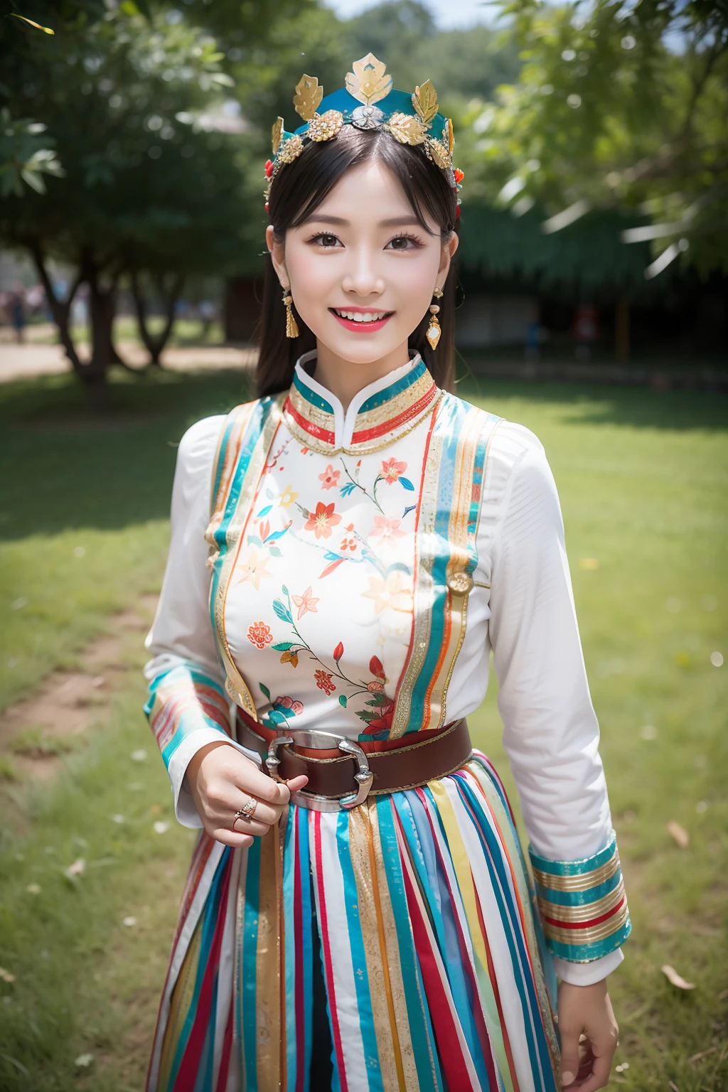 (8K分辨率,Vista full body photo),(1womanl,20yr old,s delicate face,详细的脸,Redlip,Fair smooth skin,(Classic Hmong costume:1.4,(There are floral fabrics,The cuffs are multi-colored horizontal strips,Cardigans,Short waist long version),Headband silver crown(Silver Crown(styling:It is quadrangular and protruding,entangle,Such as spiral or eccentric,Print various patterns on a flat surface),Silver products(Silver collars range from small to large,There are up to seven circles),Silver necklace,Bun hairpins),(pleatedskirt,There is a belt(Hmong embroidery、batik)),耳?????? Ring,bangle,Tall and tall,The action of the dialog,perfect hand,Ultra-fine clothing material),(Traditional Xijiang Miao village,Festive party night background in cottage,Exquisite environmental details),(exhilarated,confident smile,Rejoice),(profesional lighting,动态照明),((The colors are more balanced,(black in color,blue colors,red colour))),(Golden section,Cinema lenses,Hasselblad photograp,tmasterpiece:1.3),(Miaozhai idol,Focus on the field,trendsetting,Folklore artist,Art platform)