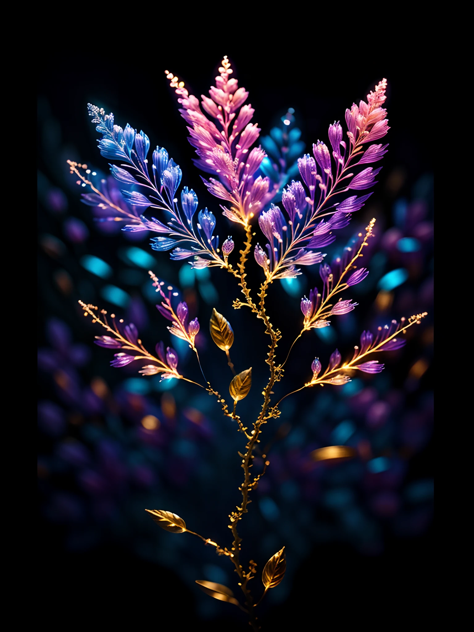 branch of delicate lilac flowers, super transparent, holy light, beautiful spectral light, petals glow, flashing, dark background, drops of transparent light, reflective light, bright, light streaming in, optics, portrait profile, sharp focus, magical, intricate, ultra realistic, fantasy, composition, light, trend on artstation, pearl, patronus cloud of silvery vapor, corrosive enveloping ray family, 8k, ureal ar 23v4 uplight