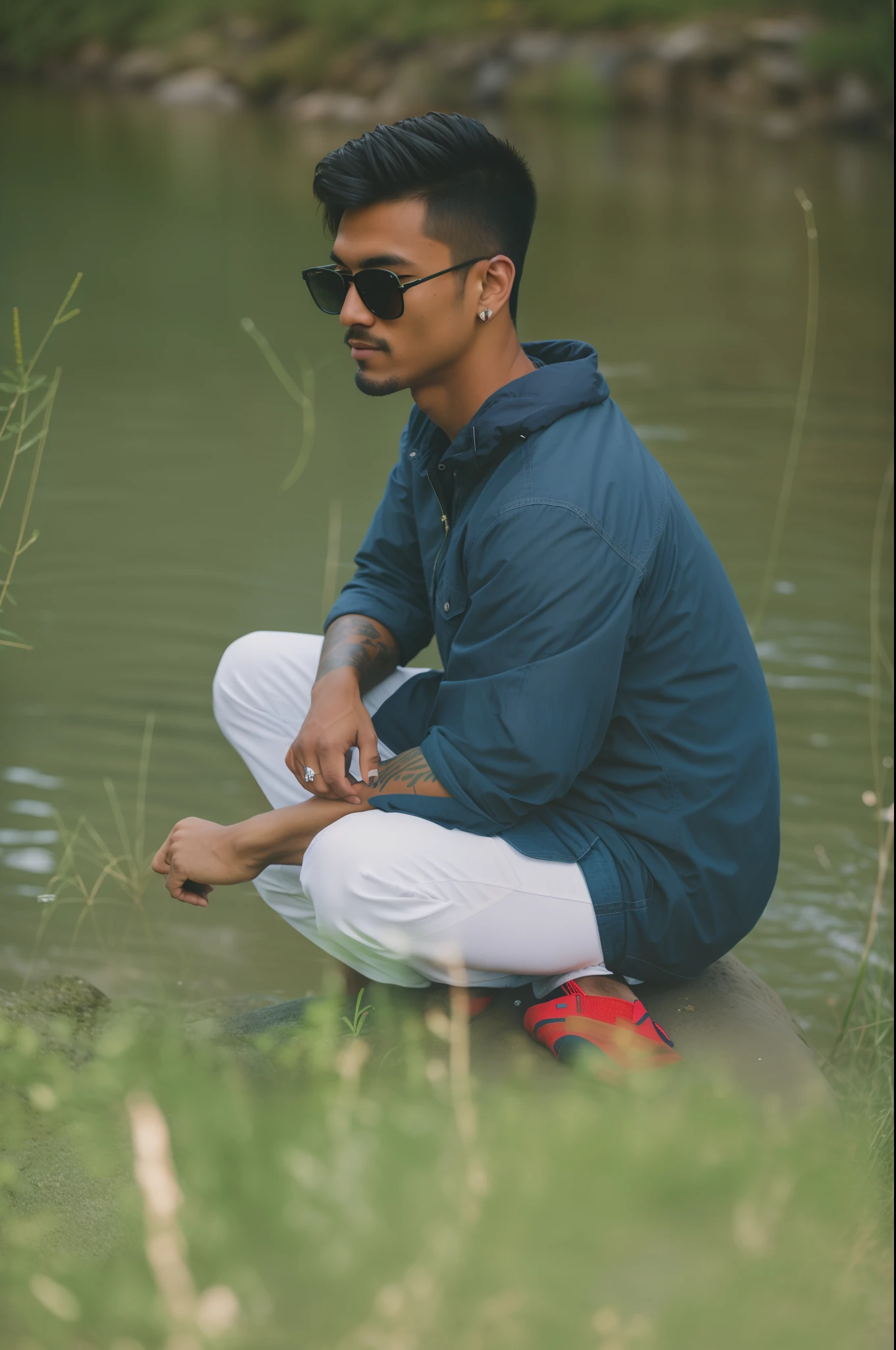 there is a man sitting on a rock by the water, river in front of him, taken with sony alpha 9, shot on nikon z9, sitting near a river, photo taken with canon 5d, in a scenic background, casual photography, sitting in front of a lake, shot on canon eos r5, shot on canon eos r 5, river in the background