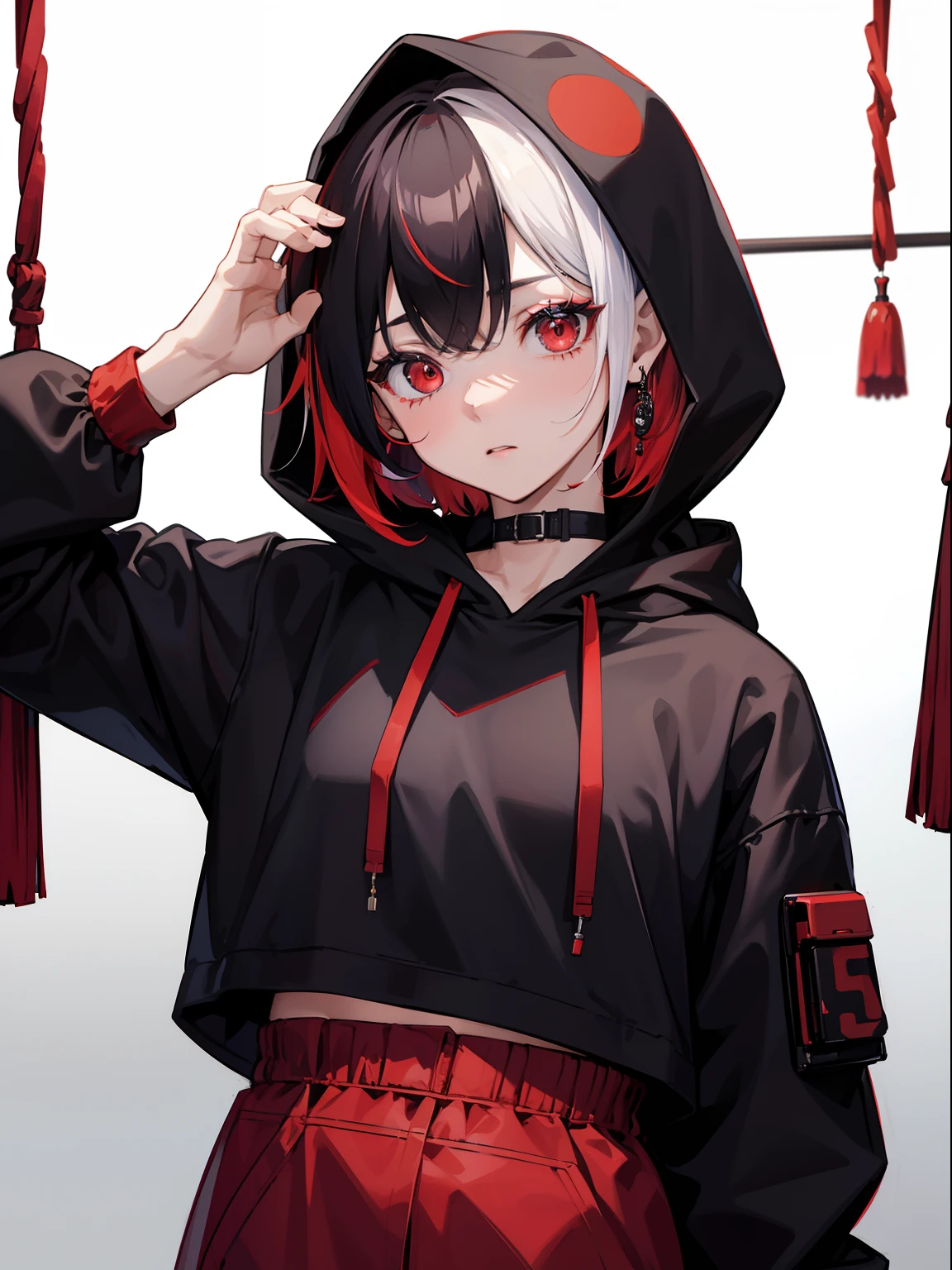 独奏、Sateen、natta、multicolored hair、short-hair、Red eyes、Hanging、cyberpunked、Dabo Dabo hoodie、The upper part of the body、​masterpiece、top-quality、tre anatomically correct、8k