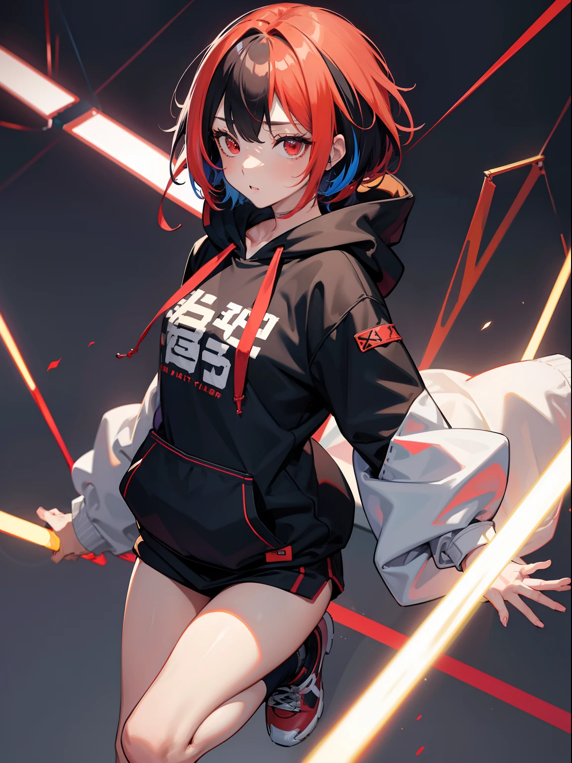 独奏、Sateen、natta、multicolored hair、short-hair、Red eyes、Hanging、cyberpunked、Dabo Dabo hoodie、The upper part of the body、​masterpiece、top-quality、tre anatomically correct、8k