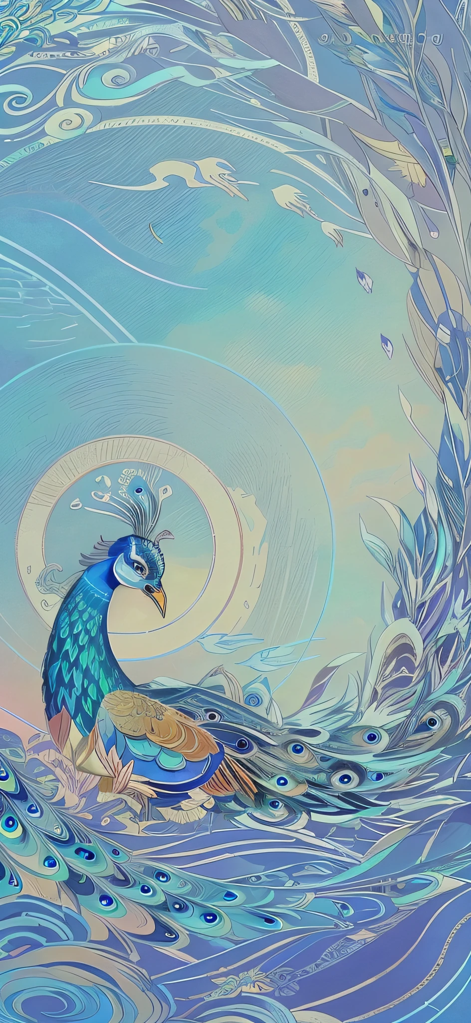 There is a peacock sitting on the waves of the ocean, A beautiful artwork illustration, Exquisite digital illustration, jen bartel, Stylized digital illustration, an illustration of inspired by Victo Ngai, Colorful illustration, peacock, Beautiful digital illustration, artwork of a phoenix, blue phoenix bird, victo ngai style