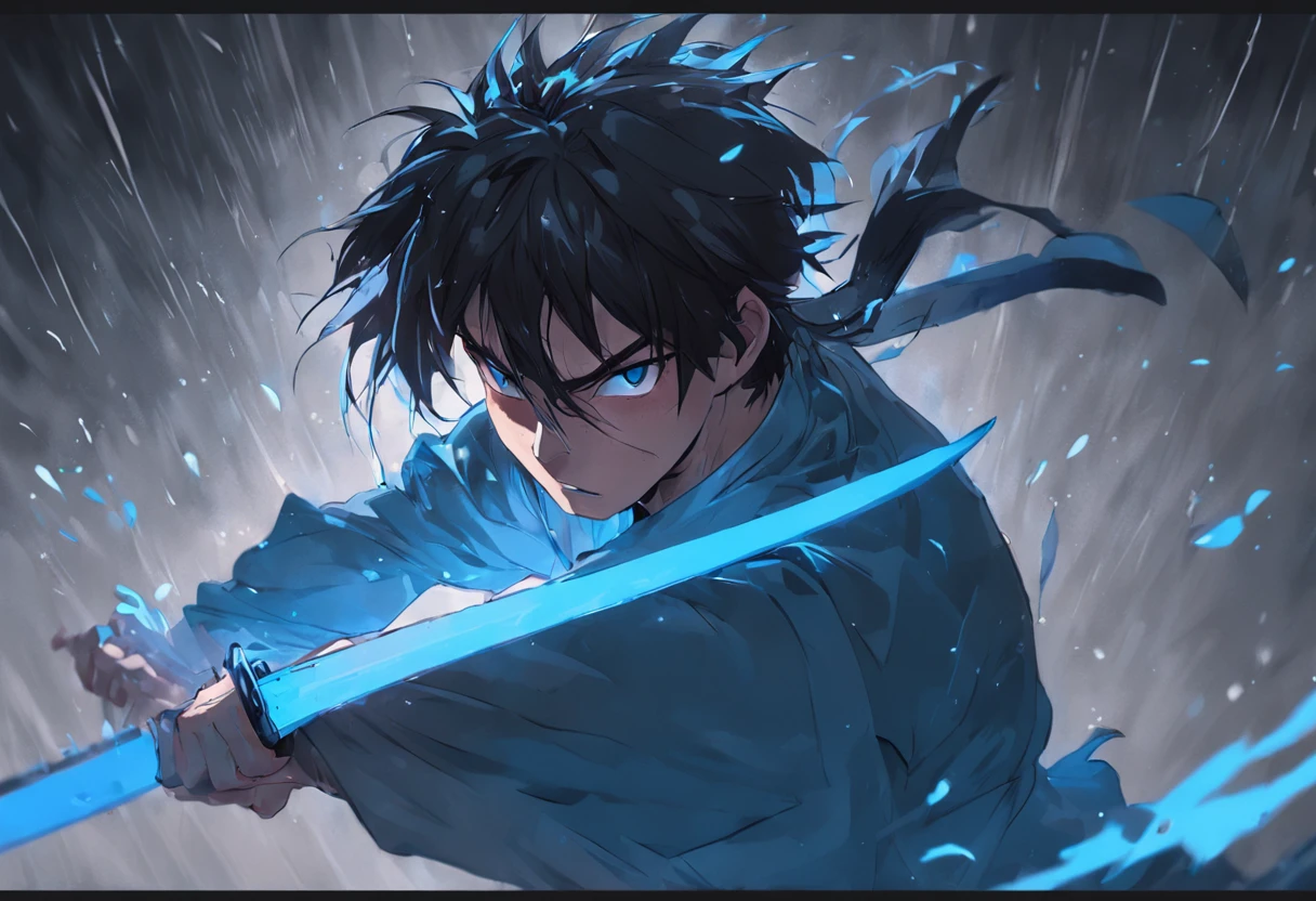 an extreme closeup shot:Male swordsman，Hands are normal，The body does not twist，Hair soars，Wielding a blue light knife，With a murderous expression on his face。Martial arts action，Fighting posture，Motion blur，under rain，lightand shade contrast，top views，中景 the scene is，Focus on people。Depth of field 2.0。Chinese ink splash painting style，Drawn by Xu Beihong。