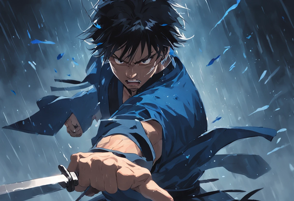 an extreme closeup shot:Male swordsman,Hands are normal,The body does not twist,Hair soars,Wielding a blue light knife,With a murderous expression on his face。Martial arts action,Fighting posture,Motion blur,under rain,lightand shade contrast,top views,中景 the scene is,Focus on people。Depth of field 2.0。Chinese ink splash painting style,Drawn by Xu Beihong。