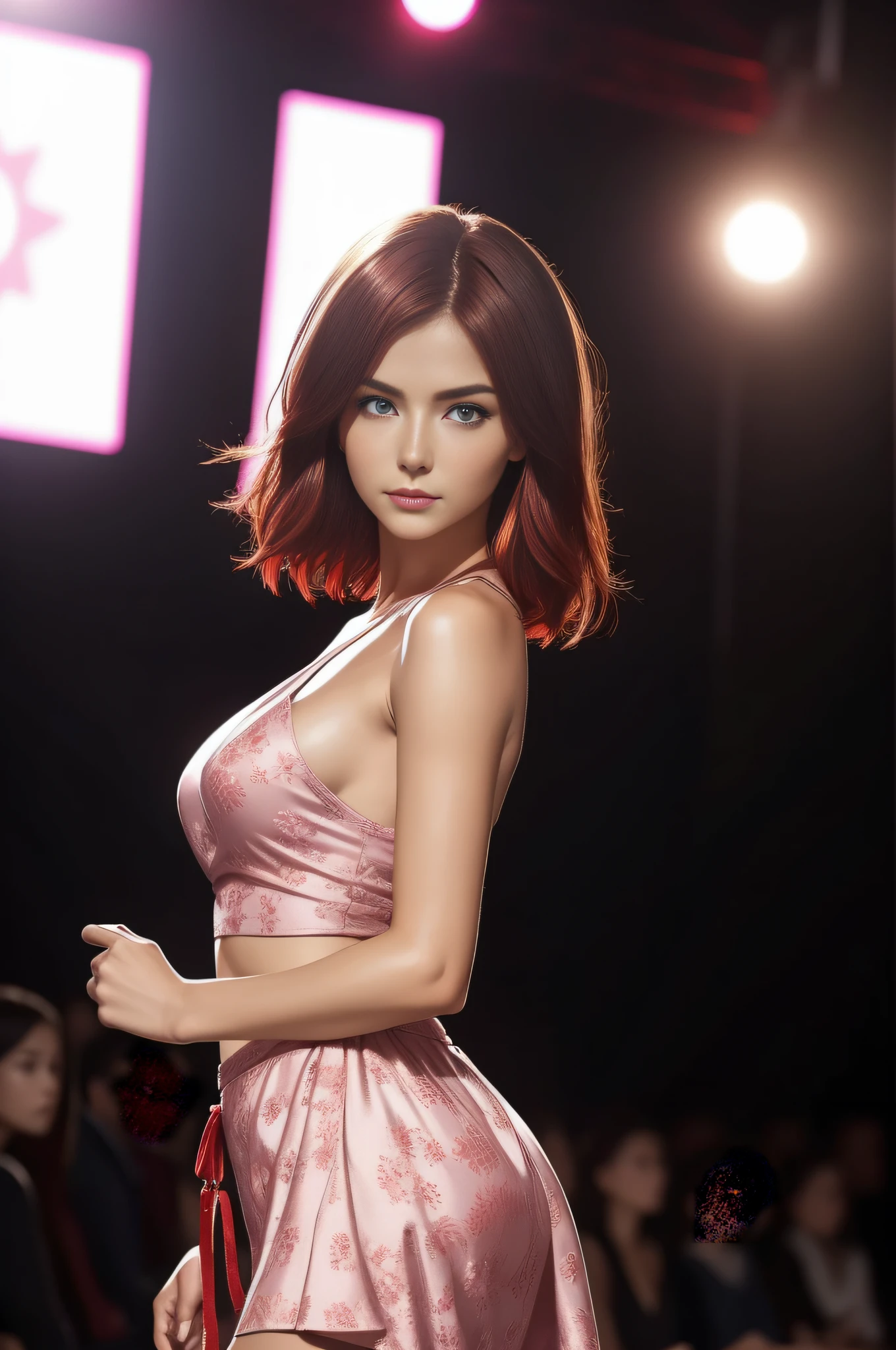 Best quality，tmasterpiece，1girll，red tinted hair，short detailed hair，eBlue eyes，shiny skins，sunflare，an award winning photograph, Wide-angle photo on the catwalk, stage lighting，Healthy body, closeup cleavage, with dynamism, Photorealistic, Realistic, Dramatic, Dark, Sharp focus, 8K，20yr old，fully body photo（（top-quality，8K，tmasterpiece：1.3）），Sharp focus：1.2，Beautiful Women in Perfect Figure：1.4，The abdomen is slender：1.2，（（Layered Hair Style，：1.2）），Large breasts 1.3，Pink floral miniskirt，（distance：1.2），Yellow robe，Moist body：1.1，Very delicate face and skin texture，Detailed eyes，二重まぶた， suntanned skin，Raised sexy，marron marron，Real skin，Real eyebrows，Blue eyeballs，perfect proportion of body，facing away from the audience，Twist back，Exercise posture，looking at viewert，Gaze towards the viewer，Catwalk walk