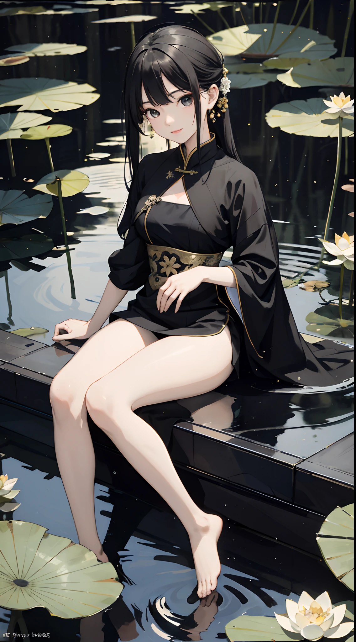 hoang lap，A high resolution，ultra - detailed，photo-realistic（1girll：1.3），handpainted，Simple lines，*********** girl in black Chinese dress，beuaty girl，In the lotus pond，tmasterpiece，sitting on a big lotus leaf，floating clothes，black pantyhoses，black pantyhoses，ssmile，looking toward the viewer，Large round chest