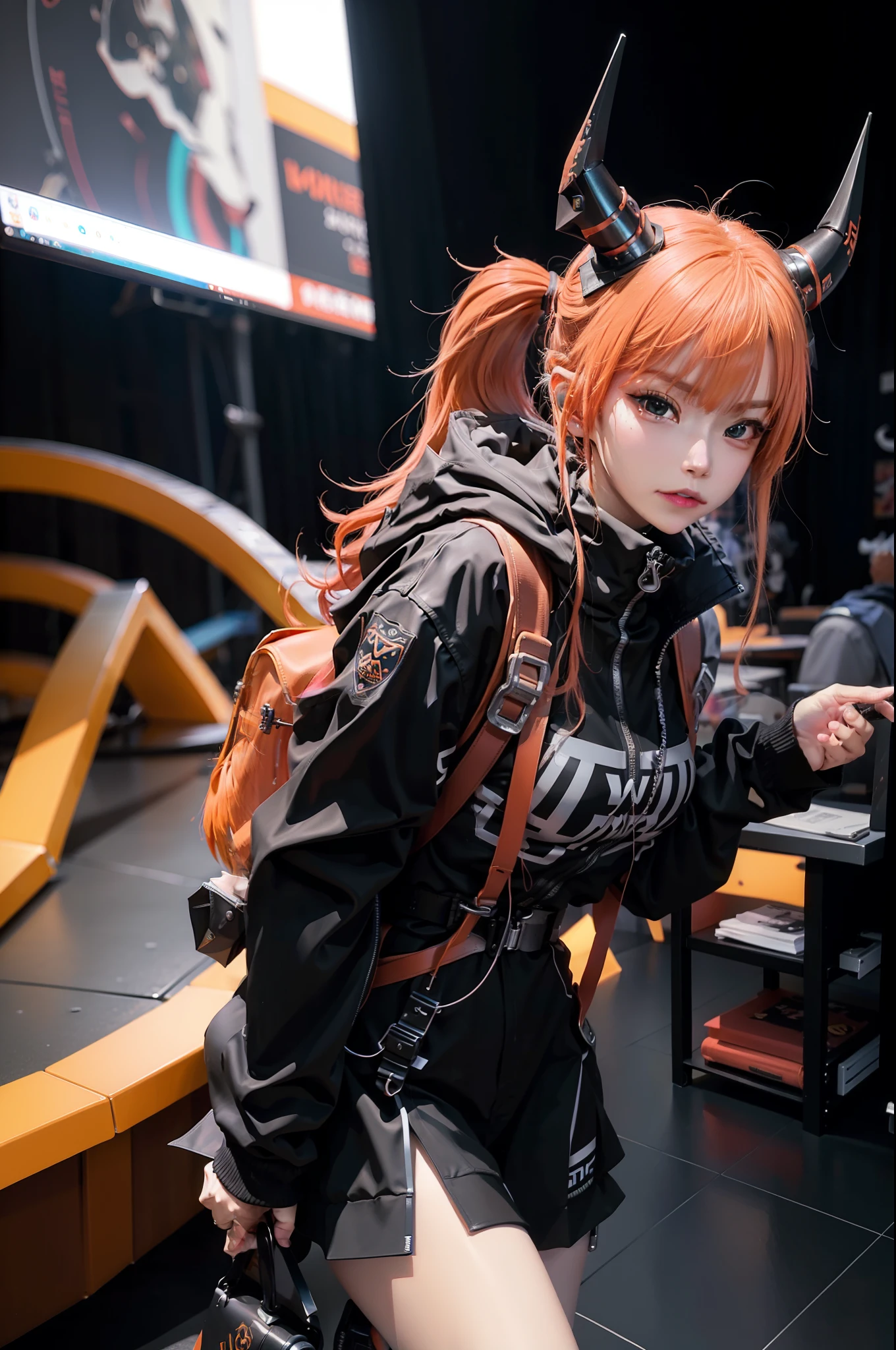 "cyber punk style,2D Screen,A beautiful female figure,There is a pair of horns on the head,Orange-red hair,Carrying a black backpack,perfectly proportions,PBR textures、post-proces、Anisotropy Filtering、depth of fields、Highest clarity and clarity、Many-Layer Textures、Albedo e mapas Speculares、Surface Coloring"