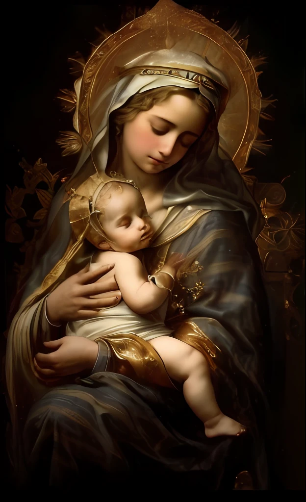 (((Blessed Virgin Mary and the Jesus. 19 years old))) ((( Con una cara seria y piadosa. Con una mirada dulce y tierna))) (obra maestra, calidad superior, mejor calidad, arte oficial, beautiful and aesthetic: 1.2), (1girl), extremadamente detallado, (Arte fractal: 1.3), colorido, highest detailed, Cara perfecta, parte superior del cuerpo, HDR, (orando: 1.3), (golden lines of white coat: 1.2), galaxia, (rayas de luz), eye-catching visuals, (dynamic stripes, senderos luminosos: 1.2), colores vibrantes,