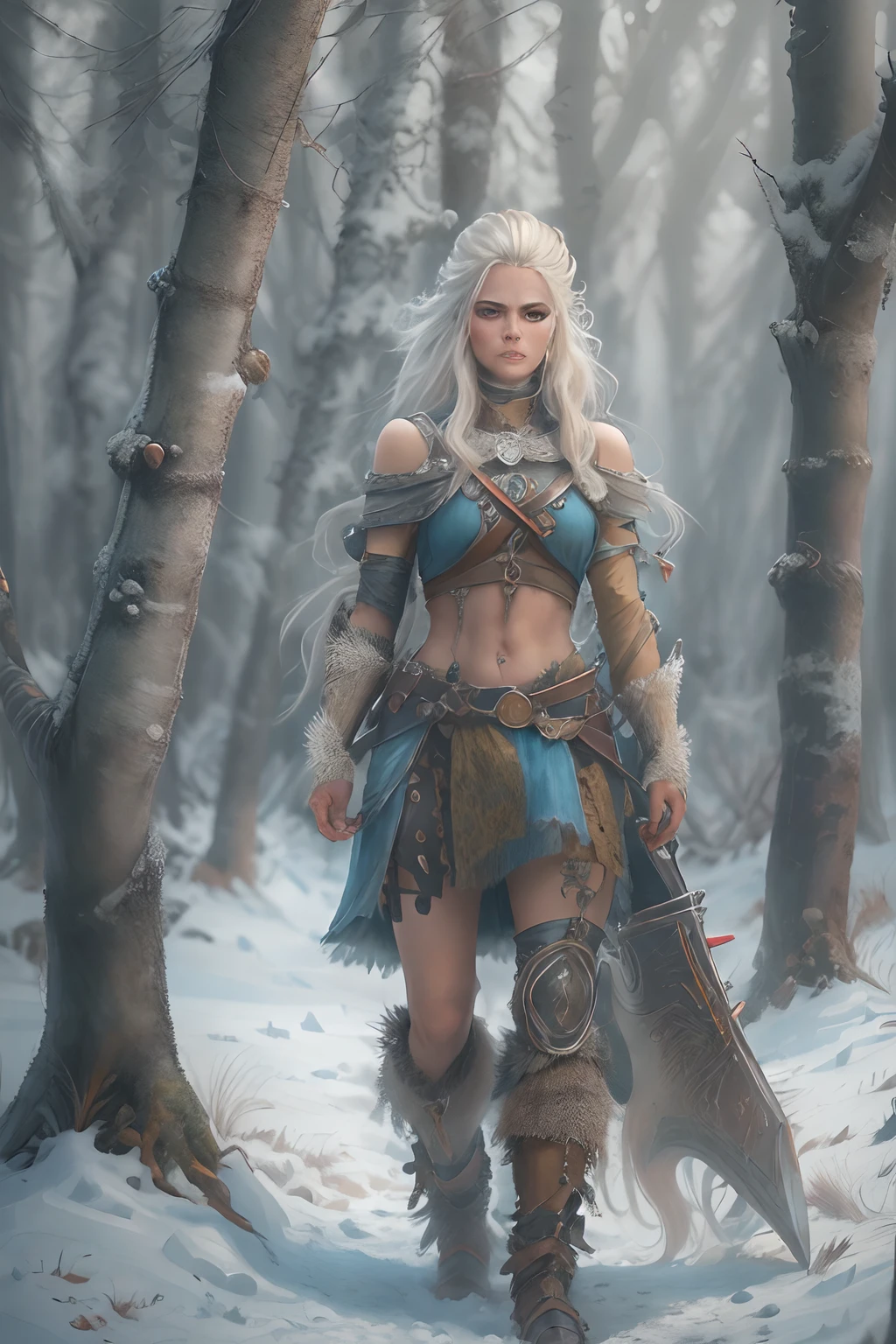 Mulher guerreira viking com olhos azuis e cabelo loiro platinado;. grande algular. Full body. The setting is a Scandinavian forest in winter. Imagem de ultra qualidade com detalhes realistas. HDR