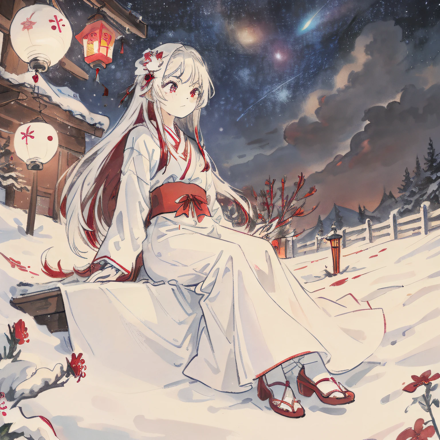 (((masterpiece))), (((best quality))), ((ultra-detailed)), (illustration),beautiful detailed sky ,night,stars,(1girl)((an extremely delicate and beautiful girl)),red eyes,dramatic angle,small breasts,(((full body))),hood,cold face and white shirt,(((long white hair))),(red hair),(red plum blossom),((winter)),(((snowflakes))){{{{{{detailed cute anime face}}}}}},cinmatic lighting,((red and white flowers)),hairs between eyes, expressionless, young girl,(((Facing the lens))),(starry sky),((Beautiful face)),((full body)),(sitting),depth_of_field,((colorful)),scenery,hair_flower,lantern,christmas,(starfall)