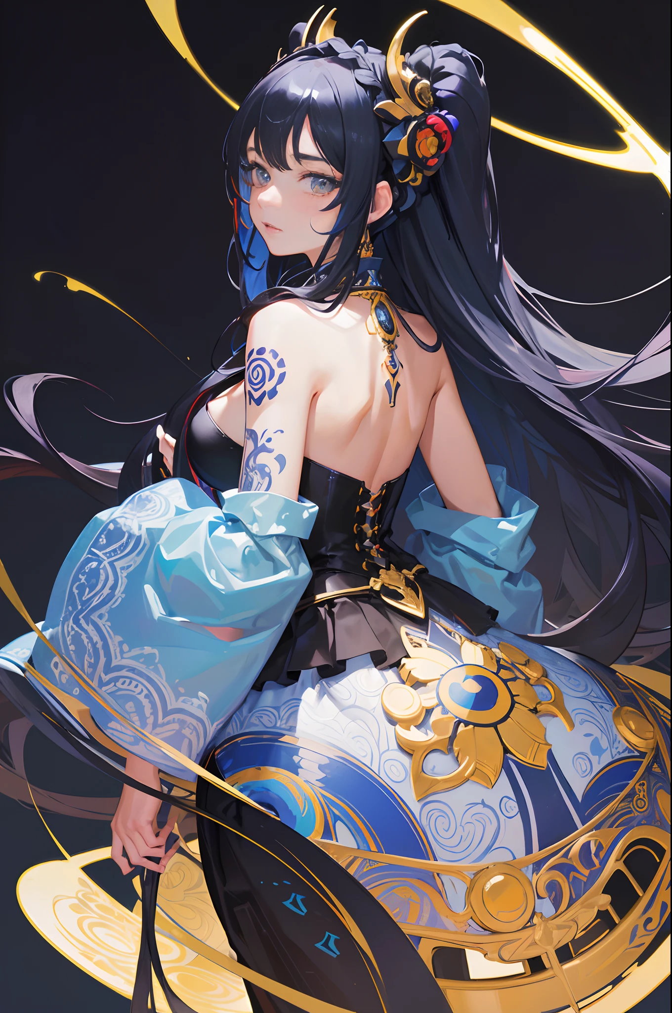 (Maximalism:1.5), (masterpiece), (best quality:1.1), (ultra-detailed:1.1), (an extremely delicate and beautiful), 1 girl, beautiful face, (detailed face), best quality, 1 little girls、A dark-haired、TATOO on the back、Longhaire、long bangs、Blue inner hair color、flat breast、Bare back, (Simple black background), (back shot), (Mandara pattern)
