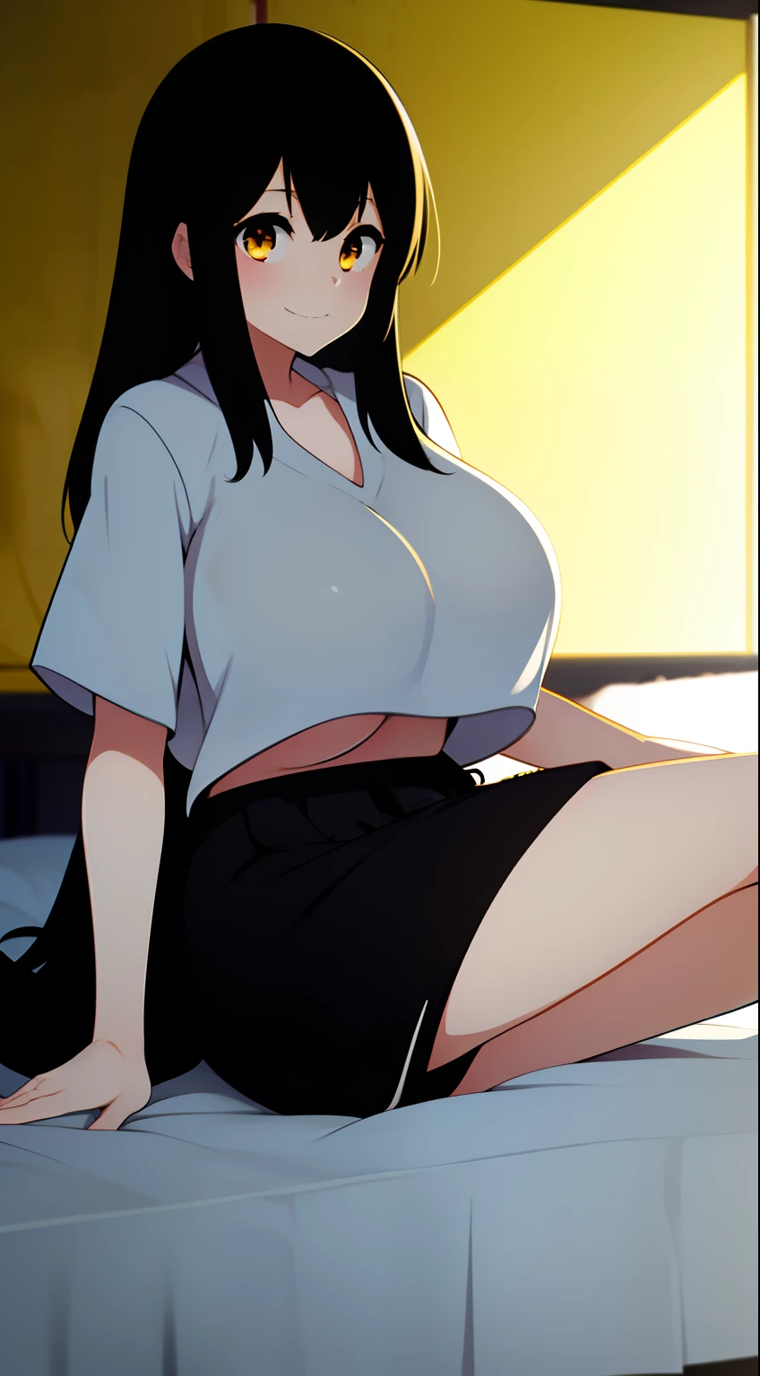 1girl, Long black hair, Yellow eyes, Detailed eyes, Huge breast, White plain Shirt, Red shorts, White socks, Sitting on bed, Bedroom, Slight smile,