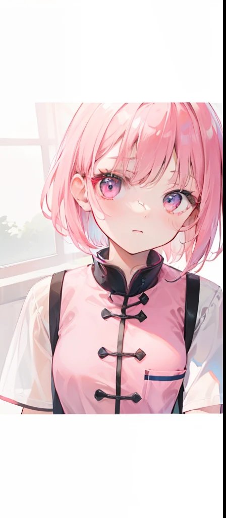 Short pink hair with a sense of transparency,Wear a pink collar,"Contemporary Chinese school uniforms" With pink edges,Like a very light sweet girl,As shown in the image "School uniforms in contemporary China."