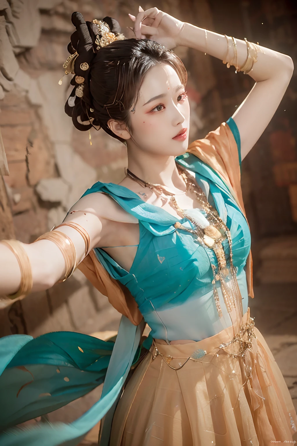 (8k, RAW photo, best quality, masterpiece:1.2), (realistic, photo-realistic:1.4), (extremely detailed CG unity 8k wallpaper), 1 girl solo, dance, dunhuang_dress, dunhuang_style, dunhuang_background,