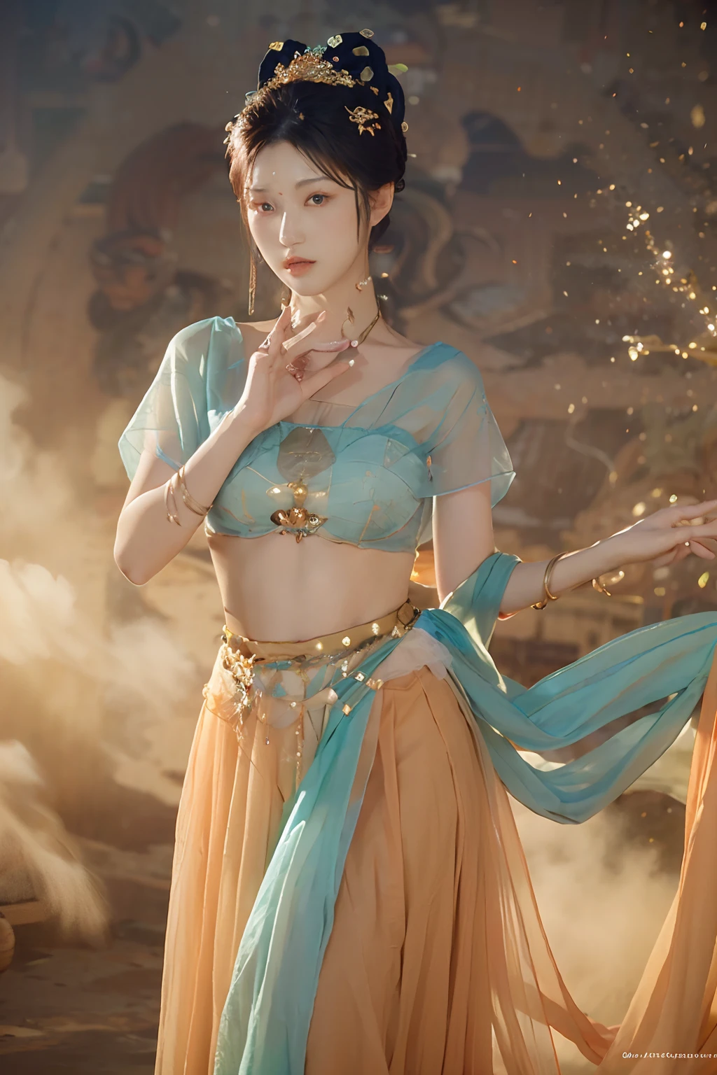 (8k, RAW photo, best quality, masterpiece:1.2), (realistic, photo-realistic:1.4), (extremely detailed CG unity 8k wallpaper), 1 girl solo, dance, dunhuang_dress, dunhuang_style, dunhuang_background,