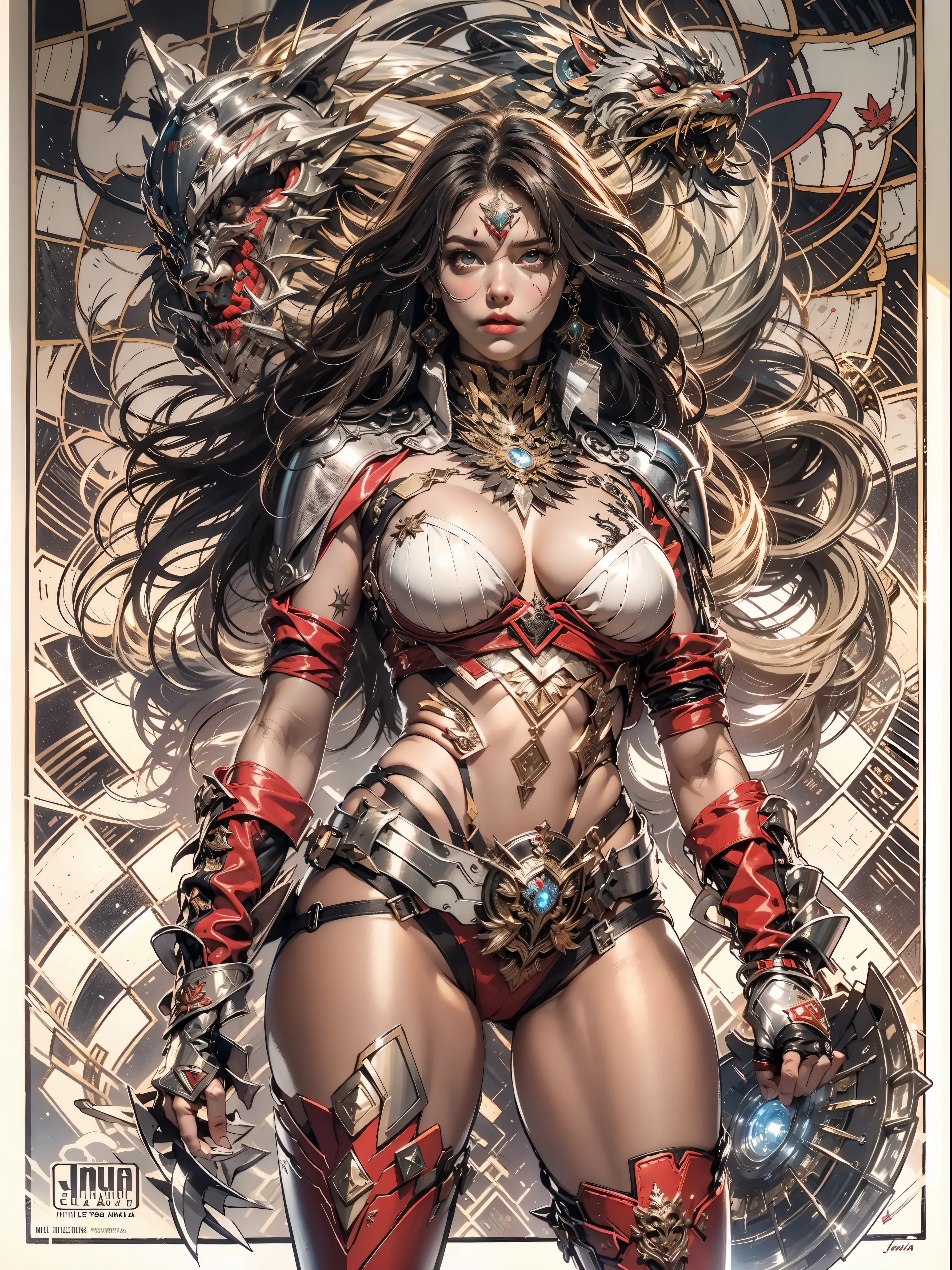 (((mulher))), (((melhor qualidade))), (((obra prima))), (((adulta))), Uma guerreira mulher de 35 anos com corpo perfeito, Brooklyn Gladiators, (( under boobs )), quase nua no estilo selvagem urbano de Simon Bisley para a capa da revista Heavy Metal, cabelo loiro, Minimum clothing, red and white checkered pattern, armadura, cheio de pontas e rebites, tatuagem tribal, (((do joelho pra cima))), cabelo desalinhado