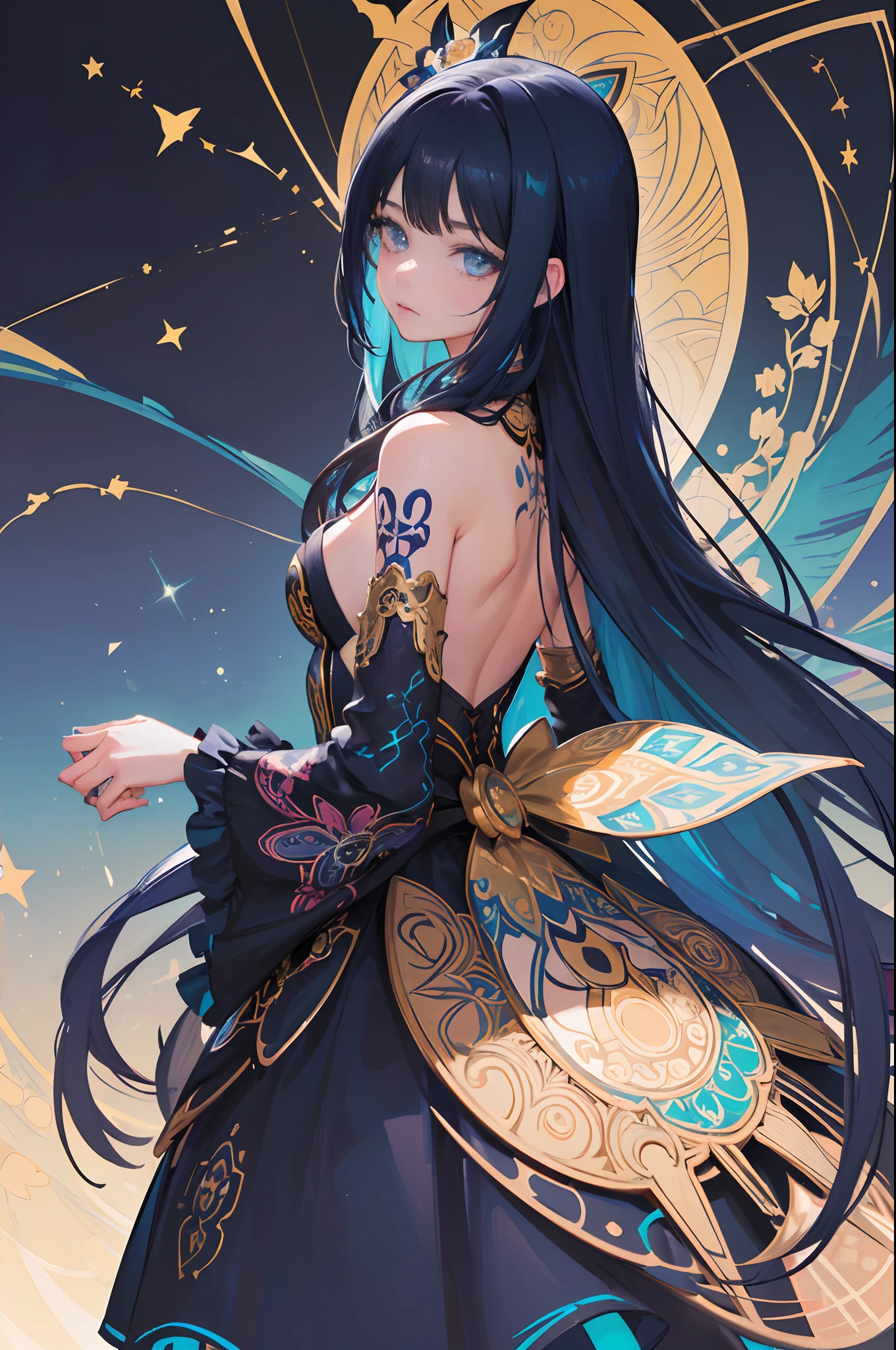 (Maximalism:1.5), (masterpiece), (best quality:1.1), (ultra-detailed:1.1), (an extremely delicate and beautiful), 1 girl, beautiful face, (detailed face), best quality, 1 girls、A dark-haired、TATOO on the back、Longhaire、long bangs、Blue inner hair color、flat breast、Bare back, (Simple black background), (back shot), (Mandara pattern)