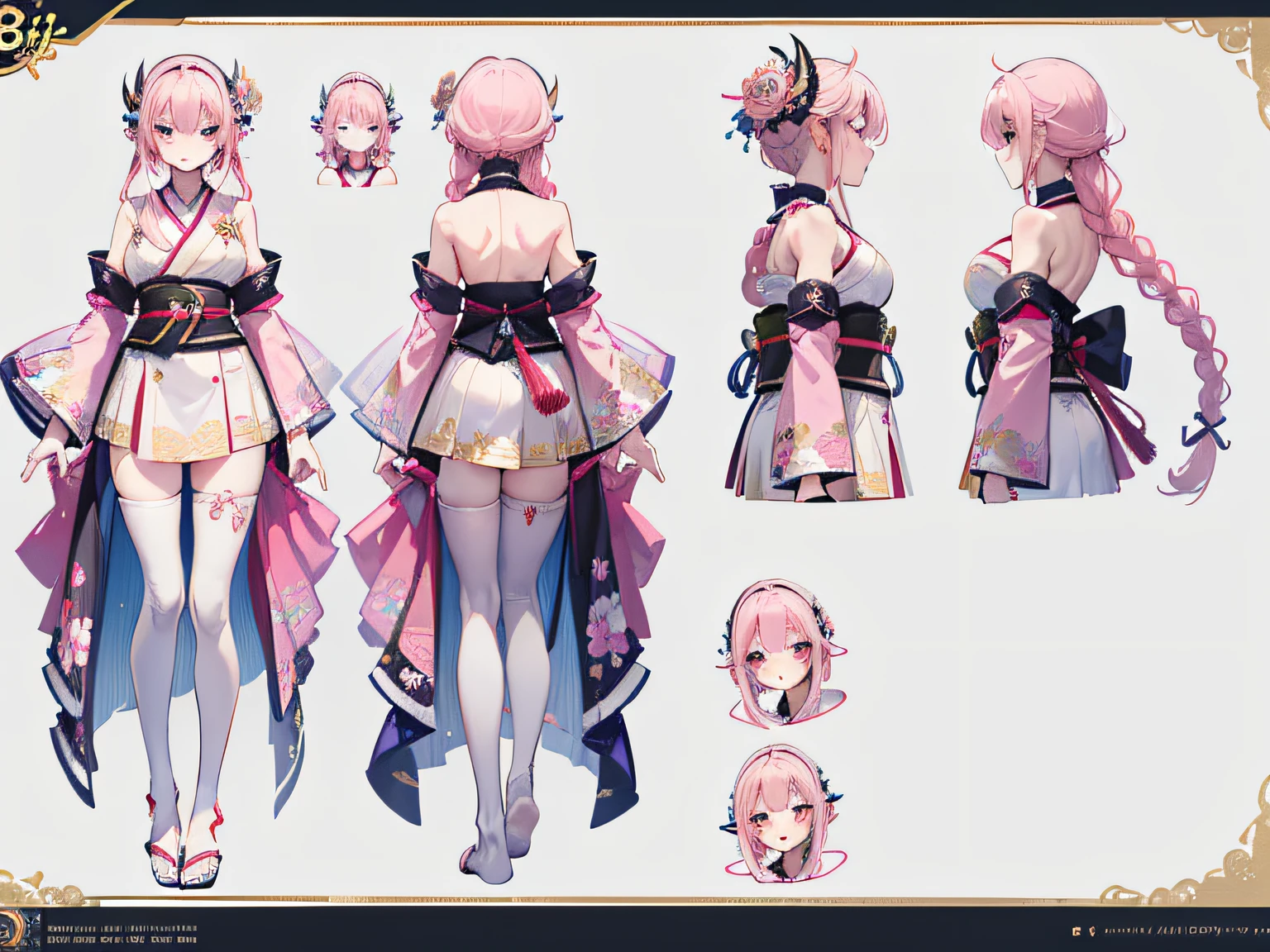 ((Masterpiece, Highest quality)), Detailed face, CharacterDesignSheet, full bodyesbian, Full of details, Multiple expressions, Highly detailed, Depth, Many parts,Pretty girl with pink hair,Double braid,Kimono with white,white stockings,Barefoot,Pink belt,faeries,White wings,Three View,Front view,the sideview,Back view