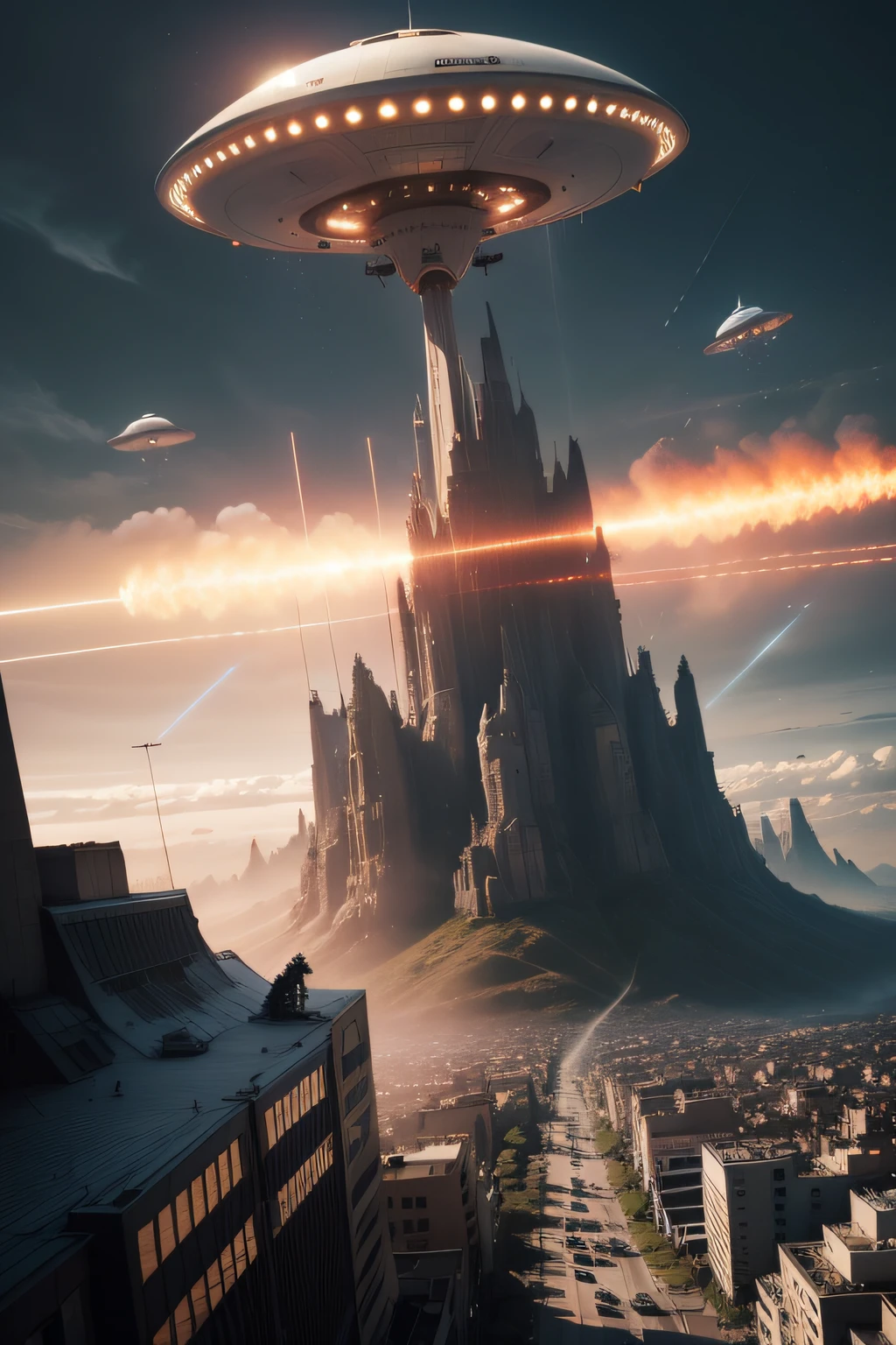 Huge alien flying saucers descend on Earth,People on the streets of the city scattered,Humans send high-tech planes to meet the battle,Missiles in the sky flew sideways,The battle between human planes and alien flying saucers is very fierce,Realistic sci-fi style,Movie 8K scenes
