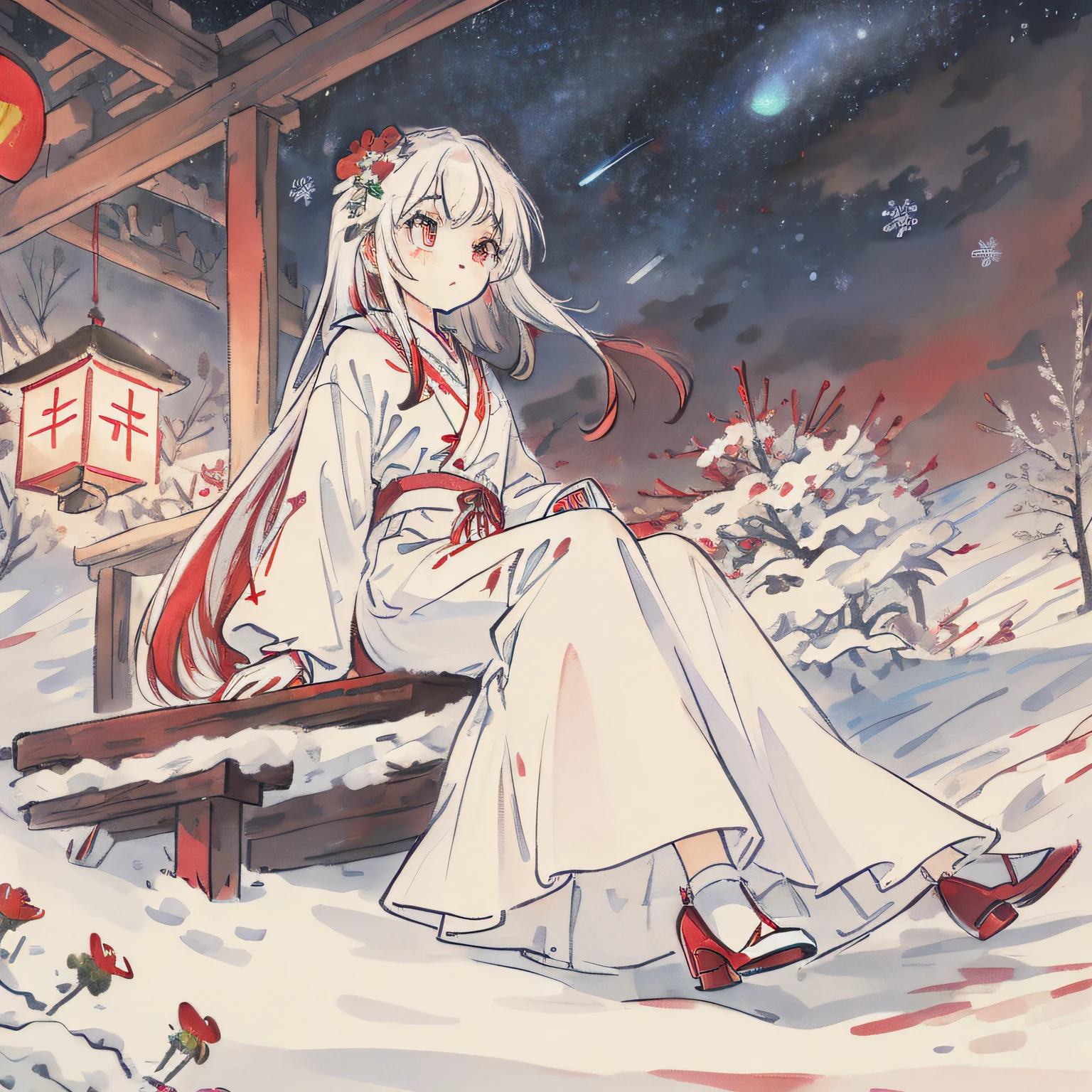 (((masterpiece))), (((best quality))), ((ultra-detailed)), (illustration),beautiful detailed sky ,night,stars,(1girl)((an extremely delicate and beautiful girl)),red eyes,dramatic angle,small breasts,(((full body))),hood,cold face and white shirt,(((long white hair))),(red hair),(red plum blossom),((winter)),(((snowflakes))){{{{{{detailed cute anime face}}}}}},cinmatic lighting,((red and white flowers))，hairs between eyes, expressionless, young girl,(((Facing the lens))),(starry sky),((Beautiful face)),((full body)),(sitting),depth_of_field,((colorful)),scenery,hair_flower,lantern,christmas,(starfall)