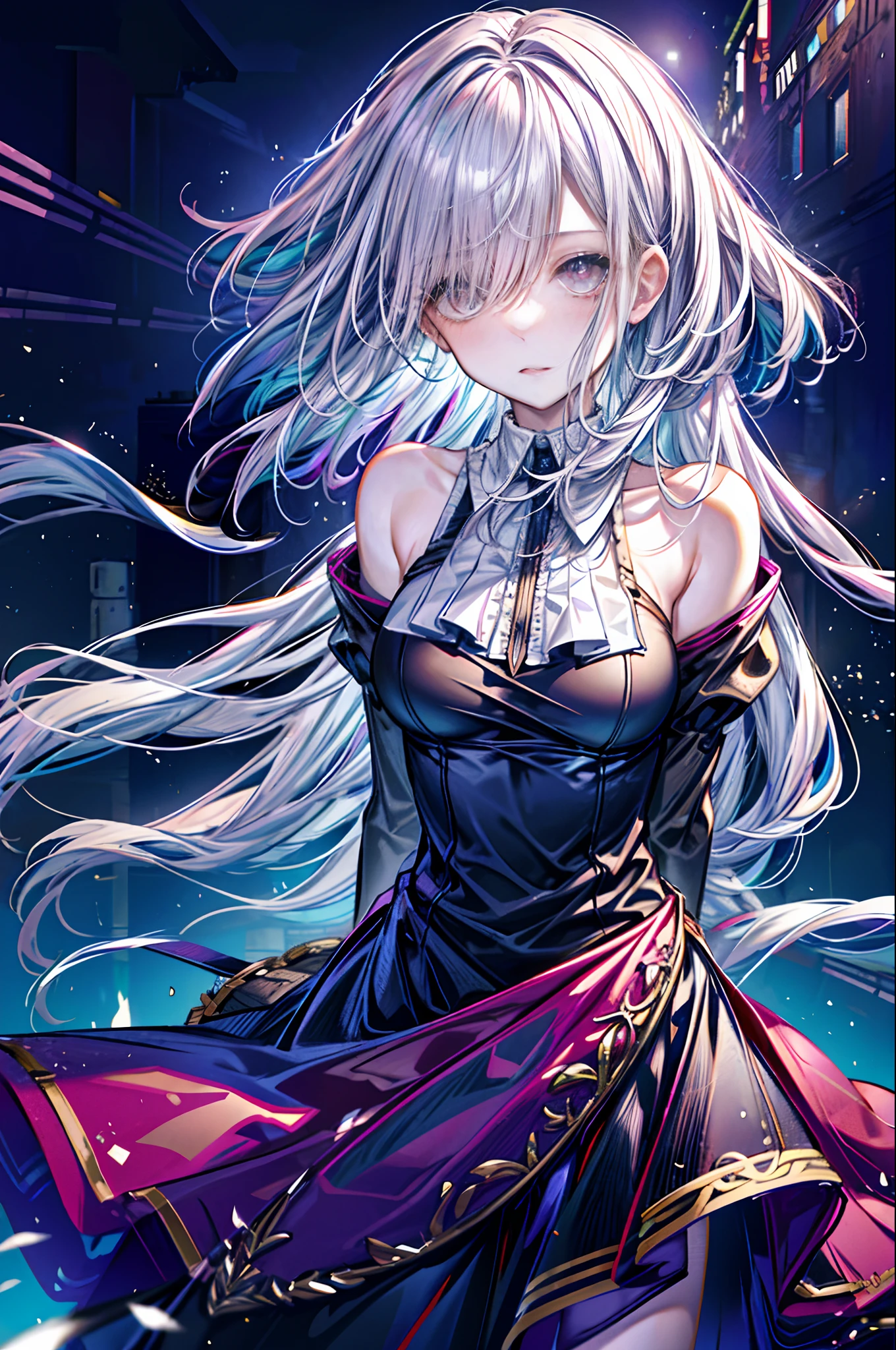 (best quality, detailed background, highres, absurdres, bloom, disheveled hair, shiny hair, exposed in lighting, bright pupils, dedicated detailed eyes),
1girl, earpiece, long hair, silver hair, large_breasts, arms behind back, daytime, outdoors, forest, water, creeks,
hair_ornament, (hair over one eye),  upper body, portrait,