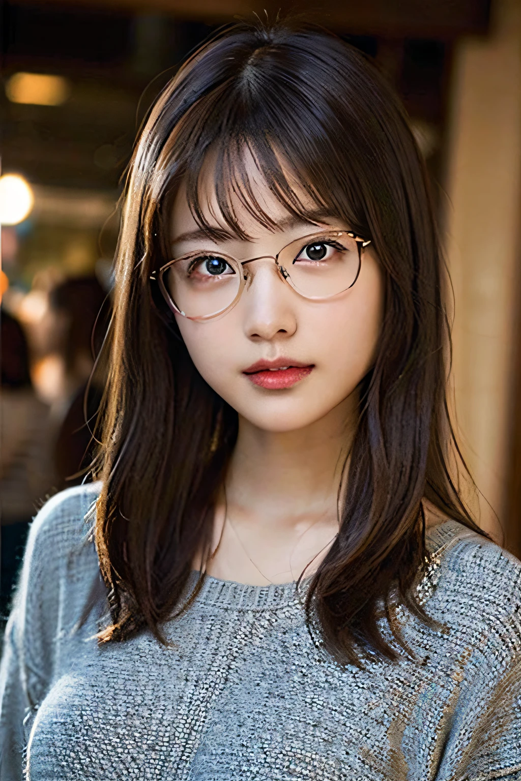(8K、Raw photography、top-quality、masterpiece:1.2)、(realisitic、Photorealsitic:1.37)、ultra-detailliert、超A high resolution、女の子1人、see the beholder、beautifull detailed face、a smile、Constriction、(Slim waist) :1.3)、Shirts、Beautiful detailed skin、Skin Texture、Floating hair、Professional Lighting、Glasses、Whole human body、Brown hair