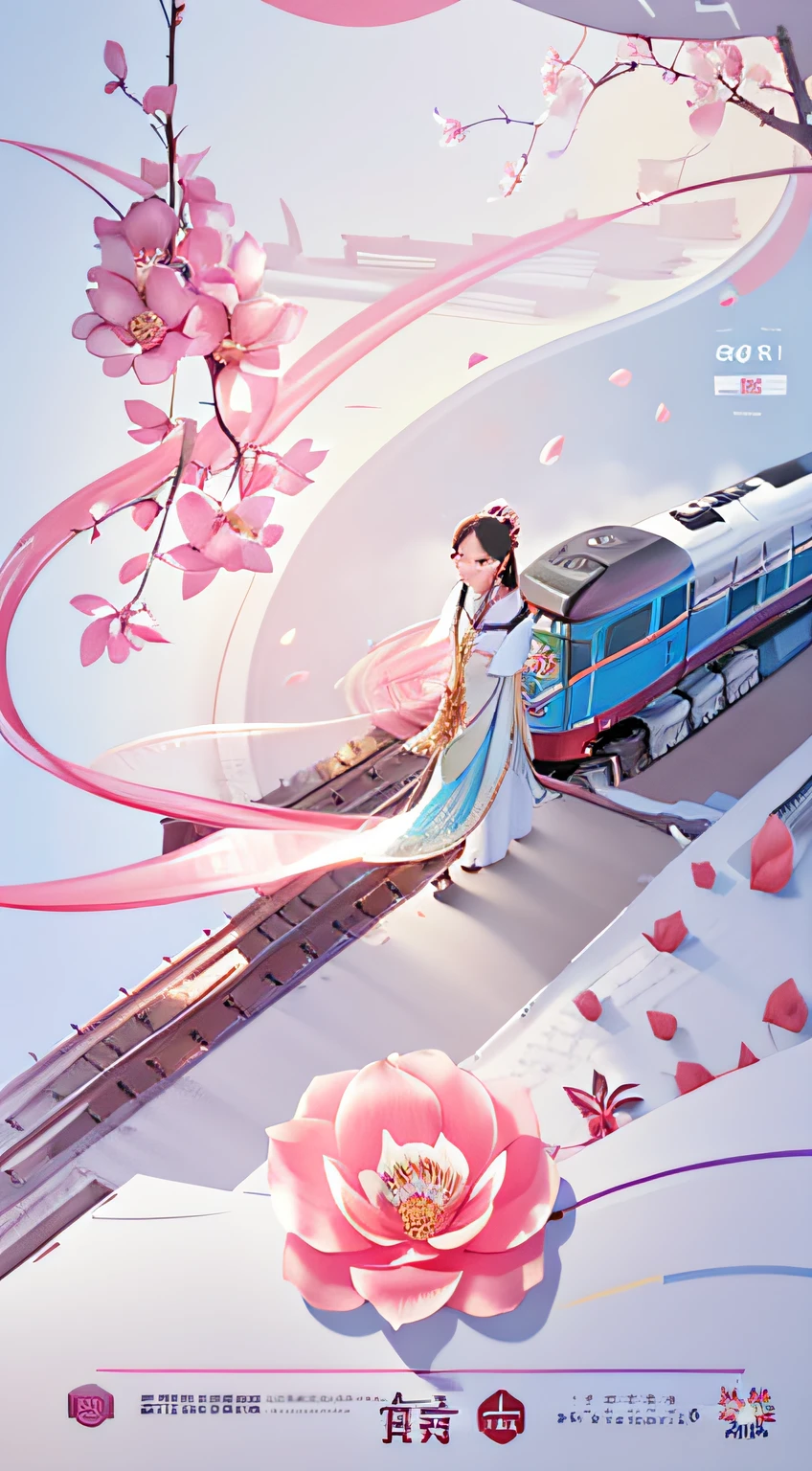 there is a poster with a train and a flower on it, trending on cgstation, poster illustration, Middle metaverse, trending at cgstation, art cover, inspired by Cheng Jiasui, by Cheng Jiasui, by Qu Leilei, a beautiful artwork illustration, promotional poster, official poster, by Yanagawa Nobusada, sha xi