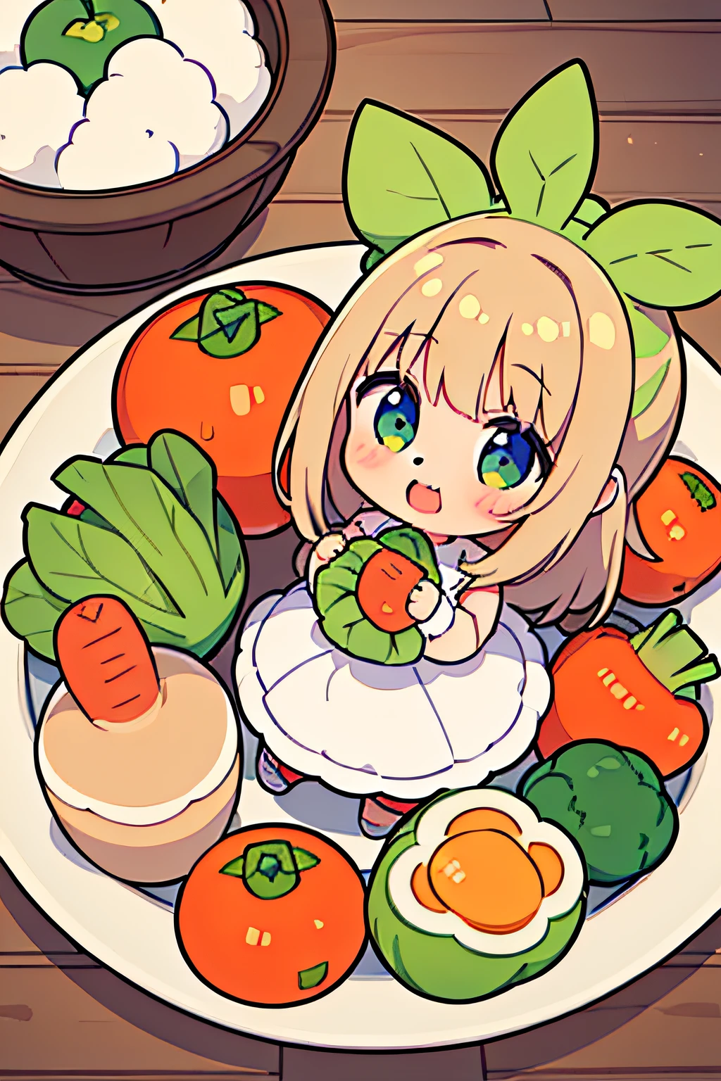 ((masterpiece:1.4, best quality)), ((masterpiece, best quality)),illustration,(1girl:1.5)(vegetables:1.5),(vegetables mascot costume:1.2),Carrot, Tomato, Potato, Spinach, Broccoli, Onion, Lettuce, Bell Pepper, Cucumber, Cauliflower, Eggplant, Zucchini, Pumpkin, Sweet Potato, Radish, Cabbage, Peas, Corn, Asparagus, Brussels Sprouts