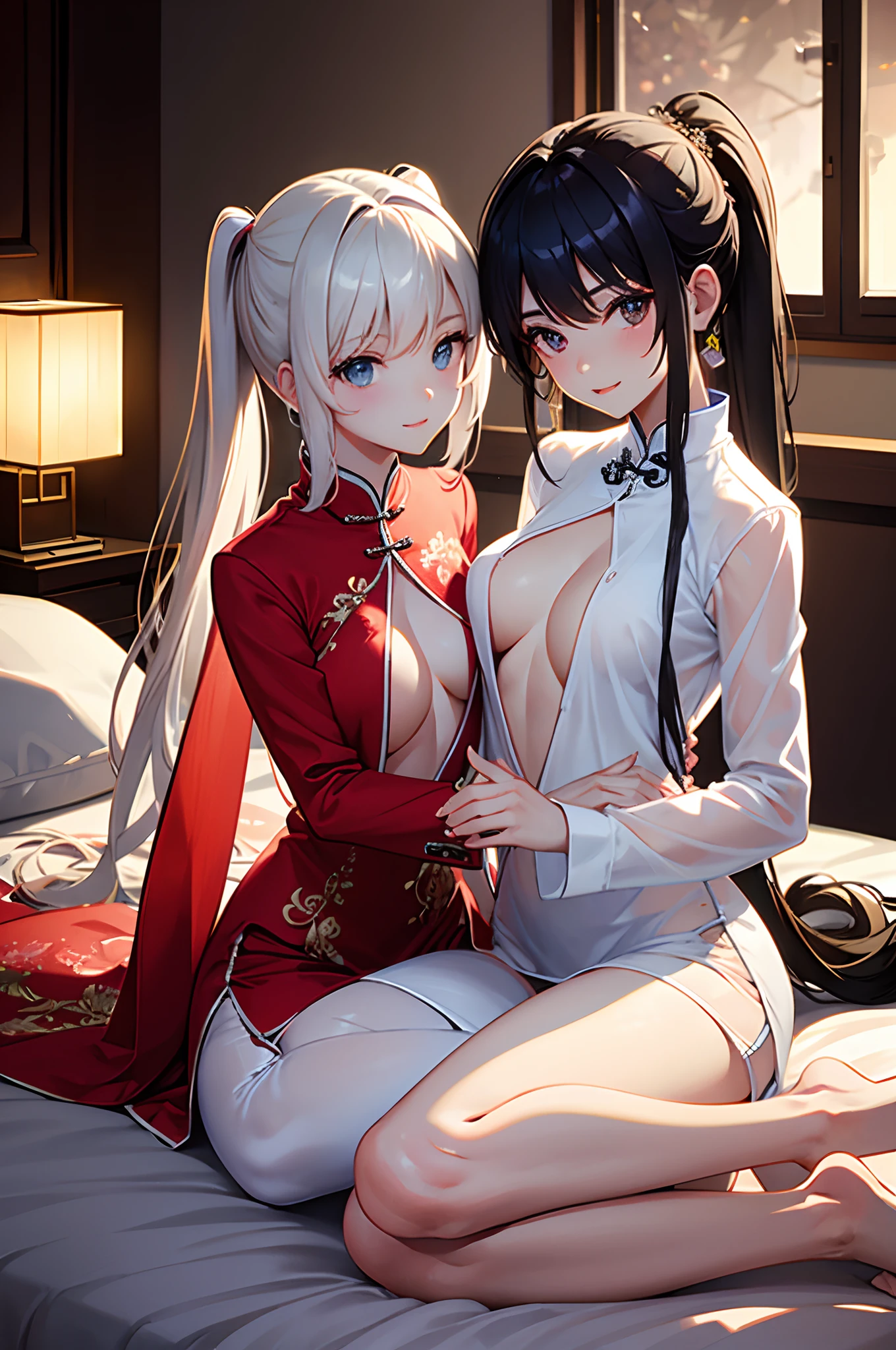 Multiple beauties touching each other, (Transparent shirt: 1.2), (Open shirt), Light clothes, Sleeveless, Two women posing for a photo on bed, Surreal full-body figure, Beautiful and detailed body and face, gorgeous figure, pony tails, Clear, Smile, Moaning, Tease, Surreal full body body, Beautiful and detailed body and face, Extra-long viewing angle, Fair skin, Bright colors, Asian, There is almost nothing in the clothes, Blurry, Chinese clothing underwear