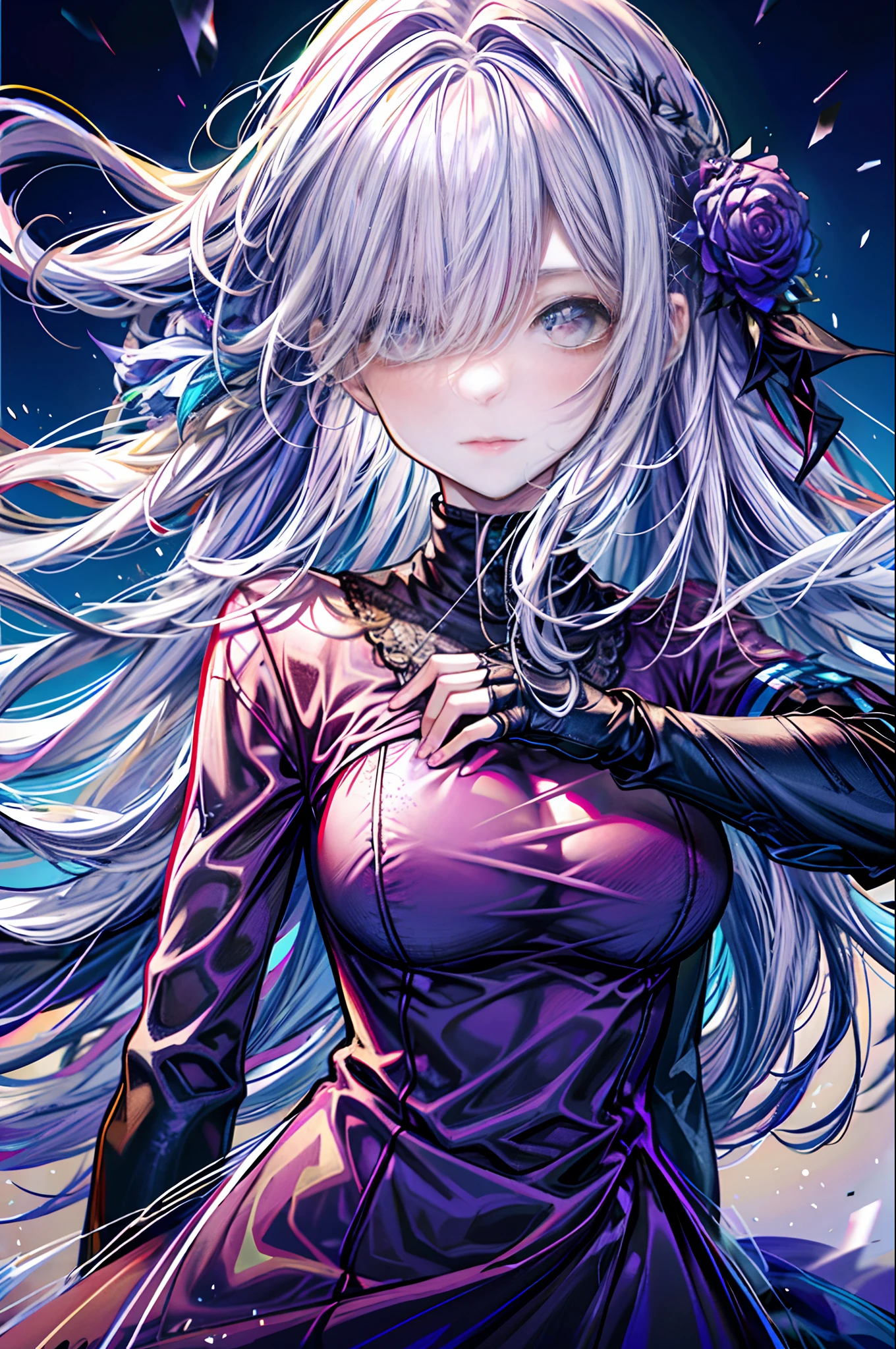 (best quality, detailed background, highres, absurdres, bloom, disheveled hair, shiny hair, exposed in lighting, bright pupils, dedicated detailed eyes),
1girl, earpiece, long hair, silver hair, large_breasts, arms behind back, daytime, outdoors, forest, water, creeks,
hair_ornament, (hair over one eye), upper body, portrait,