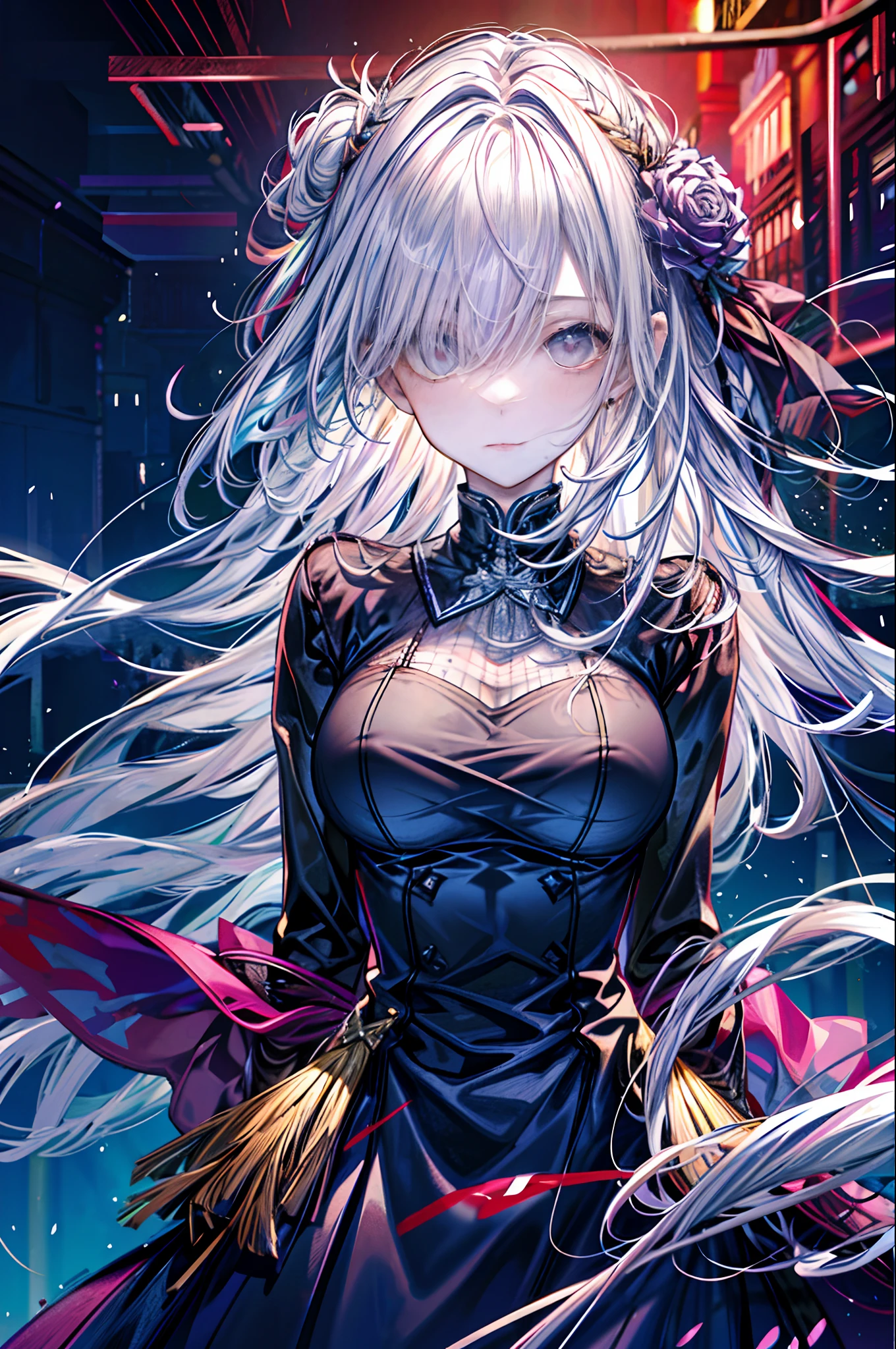 (best quality, detailed background, highres, absurdres, bloom, disheveled hair, shiny hair, exposed in lighting, bright pupils, dedicated detailed eyes),
1girl, earpiece, long hair, silver hair, large_breasts, arms behind back, daytime, outdoors, forest, water, creeks,
hair_ornament, (hair over one eye),  upper body, portrait,