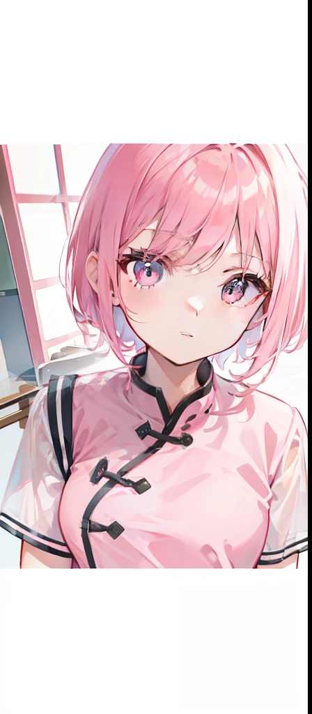 Short pink hair with a sense of transparency,Wear a pink collar,"Contemporary Chinese school uniforms" With pink edges,Like a very light sweet girl,As shown in the image "School uniforms in contemporary China."