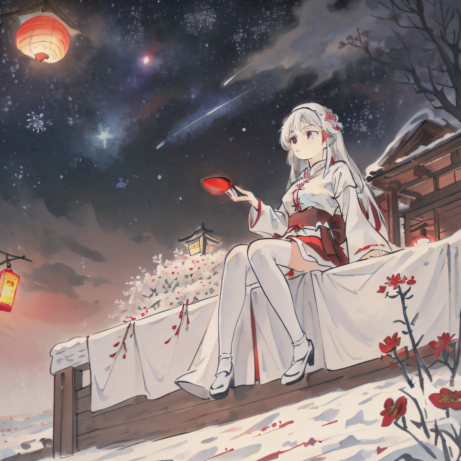 (((masterpiece))), (((best quality))), ((ultra-detailed)), (illustration),beautiful detailed sky ,night,stars,(1girl)((an extremely delicate and beautiful girl)),red eyes,dramatic angle,small breasts,(((full body))),hood,cold face and white shirt,(((long white hair))),(red hair),(red plum blossom),((winter)),(((snowflakes))){{{{{{detailed cute anime face}}}}}},cinmatic lighting,((red and white flowers)),hairs between eyes, expressionless, young girl,(((Facing the lens))),(starry sky),((Beautiful face)),((full body)),(sitting),depth_of_field,((colorful)),scenery,hair_flower,lantern,christmas,(starfall)