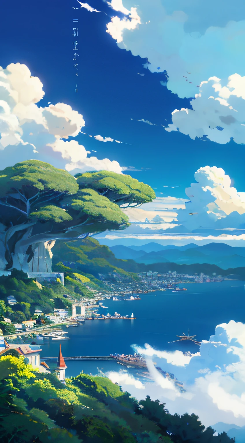 8K HD，View of the bay from the hillside，studio ghibli sky, Ghibli Studio Landscape, ghibli studio environment, studio ghibli sunlight, detailed scenery —width 672, Miyazaki hayao style, Author：miyazaki, beautifull puffy clouds，animemasume, Author：miyazaki, studio ghibli composition