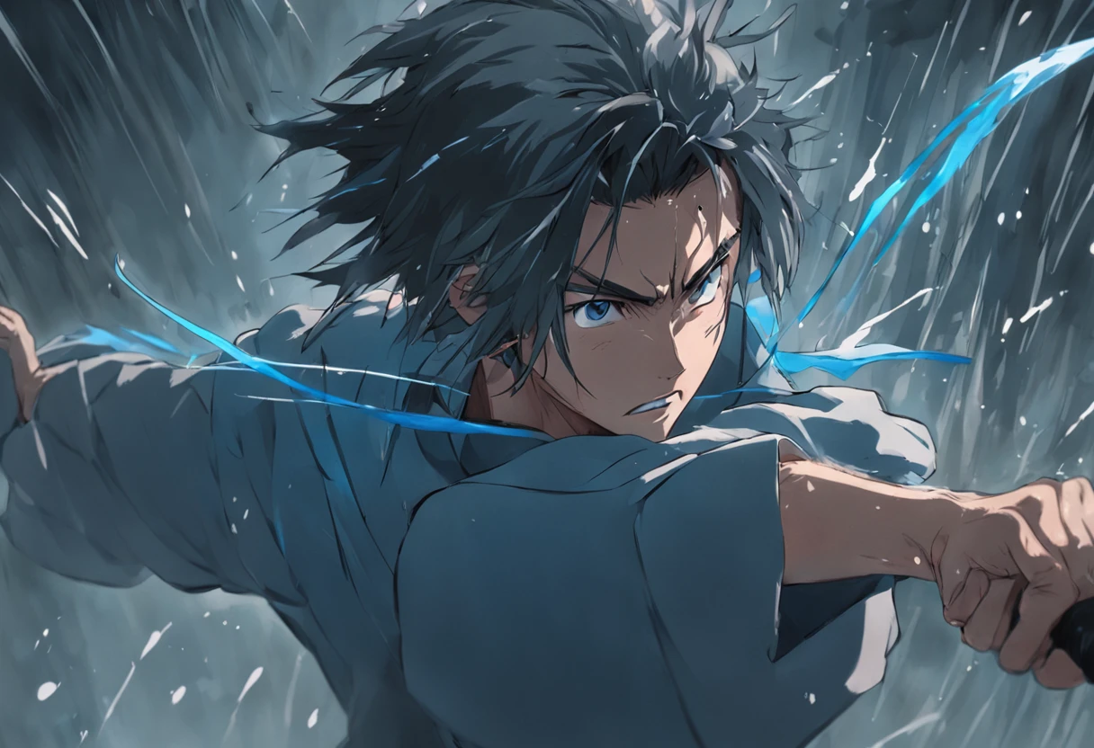 an extreme closeup shot:Male swordsman,Hands are normal,The body does not twist,Hair soars,Wielding a blue light knife,With a murderous expression on his face。Martial arts action,Fighting posture,Motion blur,Bamboo forest in the rain,lightand shade contrast,top views,Faraway view,Focus on people。Depth of field 2.0。Chinese ink splash painting style,Drawn by Zao Wou-Ki。
