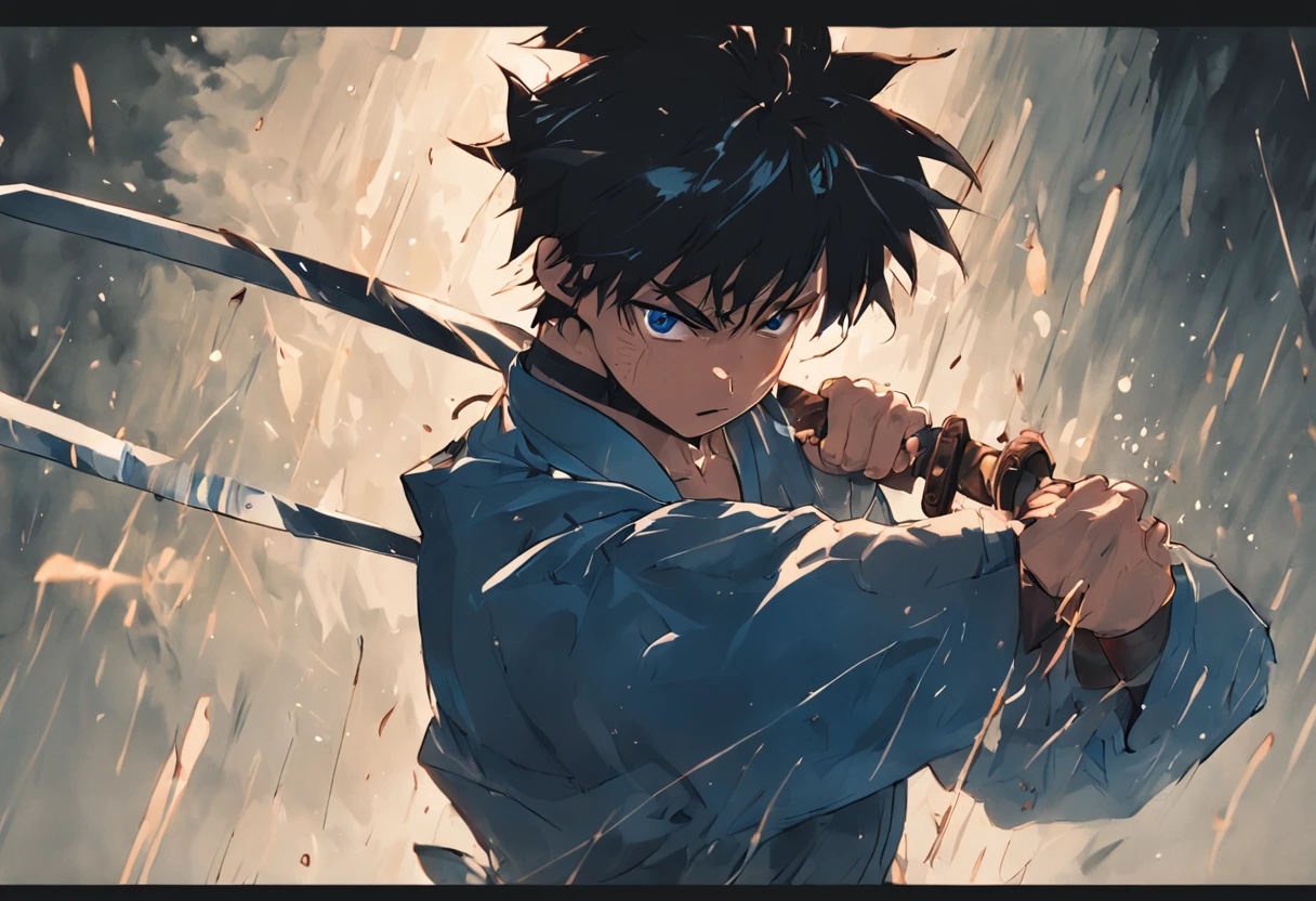 an extreme closeup shot:Male swordsman,Hands are normal,The body does not twist,Hair soars,Wielding a blue light knife,With a murderous expression on his face。Martial arts action,Fighting posture,Motion blur,Bamboo forest in the rain,lightand shade contrast,top views,Faraway view,Focus on people。Depth of field 2.0。Chinese ink splash painting style,Drawn by Zao Wou-Ki。