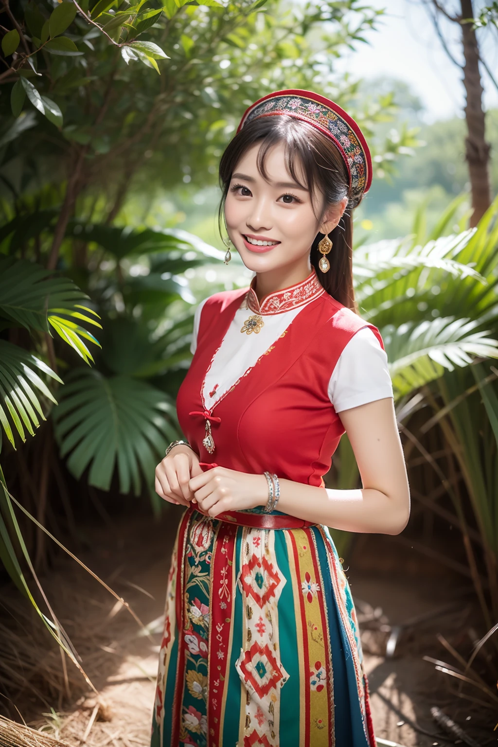 （8K分辨率，Vista full body photo），（1womanl，20yr old，（Facial features of Thai Aom：1.8，s delicate face），详细的脸，Redlip，Fair smooth skin，（Classic Hmong costume：1.4，（breastsout、The back is trimmed with floral cloth，The cuffs are multi-colored horizontal bars，Cardigans，Wear short waist-length），Headband silver crown（Silver crown（styling：It is quadrangular and protruding，Wrapped around such as a spiral or eccentricity，Various patterns are printed on the plane），Silver item（Silver collars range from small to large with up to seven circles），silver necklace，Bun hairpin），（pleatedskirt，There is a waistband（Miao embroidery、batik）），耳Nipple Ring，bangle，Tall and tall，The action of conversation，perfect hand，Ultra-fine clothing material），（Traditional Xijiang Miao village，Festive party night background in cottage house，Exquisite environmental details），（exhilarated，confident smile，Rejoice），（profesional lighting，动态照明），（（The colors are more balanced，（black in color，blue colors，red colour））），（Golden section，Cinema lenses，Hasselblad photograp，tmasterpiece：1.3），（Miaozhai idol，Focus in the field，trendsetting，Folklore artist，Art platform）