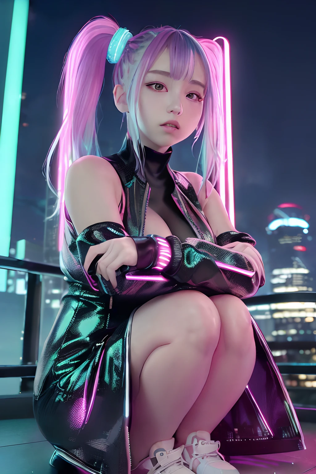 lucy \(cyberpunk\), 1girl, hair scrunchie, hime cut, silver hair, colored tips, full moon, grey eyes, jacket, long sleeves, (looking at viewer), medium hair, multicolored hair, parted bangs, parted lips, pink hair, red eyeliner, red lips, solo, white jacket, cyberpunk \(series\), rainy night in a cyberpunk city with glowing neon lights,from below, (sitting with knees up pose:1.3),(thicc:1.2), perfect body