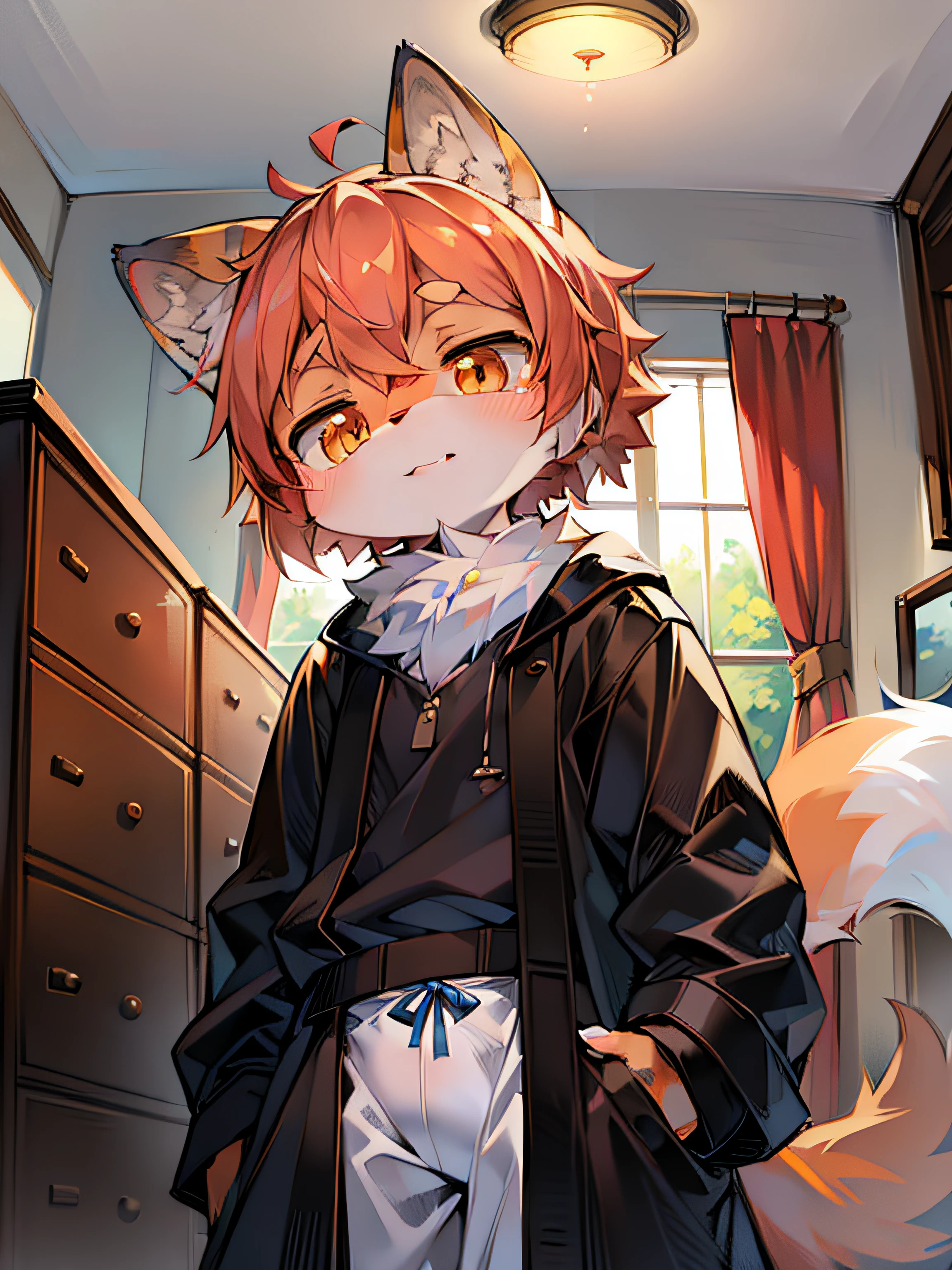 tmasterpiece,high qulity,Ridiculous resolution,digitial painting\(artwork of a\),Dagasi,Yupa,Kiyosan,(Fluffy fur:1.1),(luminance:0.8),anthro male cat。 (Orange eyes,Gray-blue fur,Full Body Furry,Cat nose:1.2),eyes with brightness,in a panoramic view,Character focus。detailedbackground,inside in room,children's,Loves