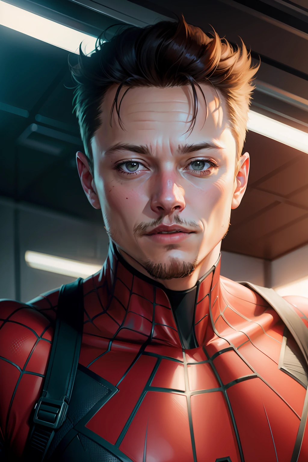 Portrait of Elon Musk dressed as spiderman.